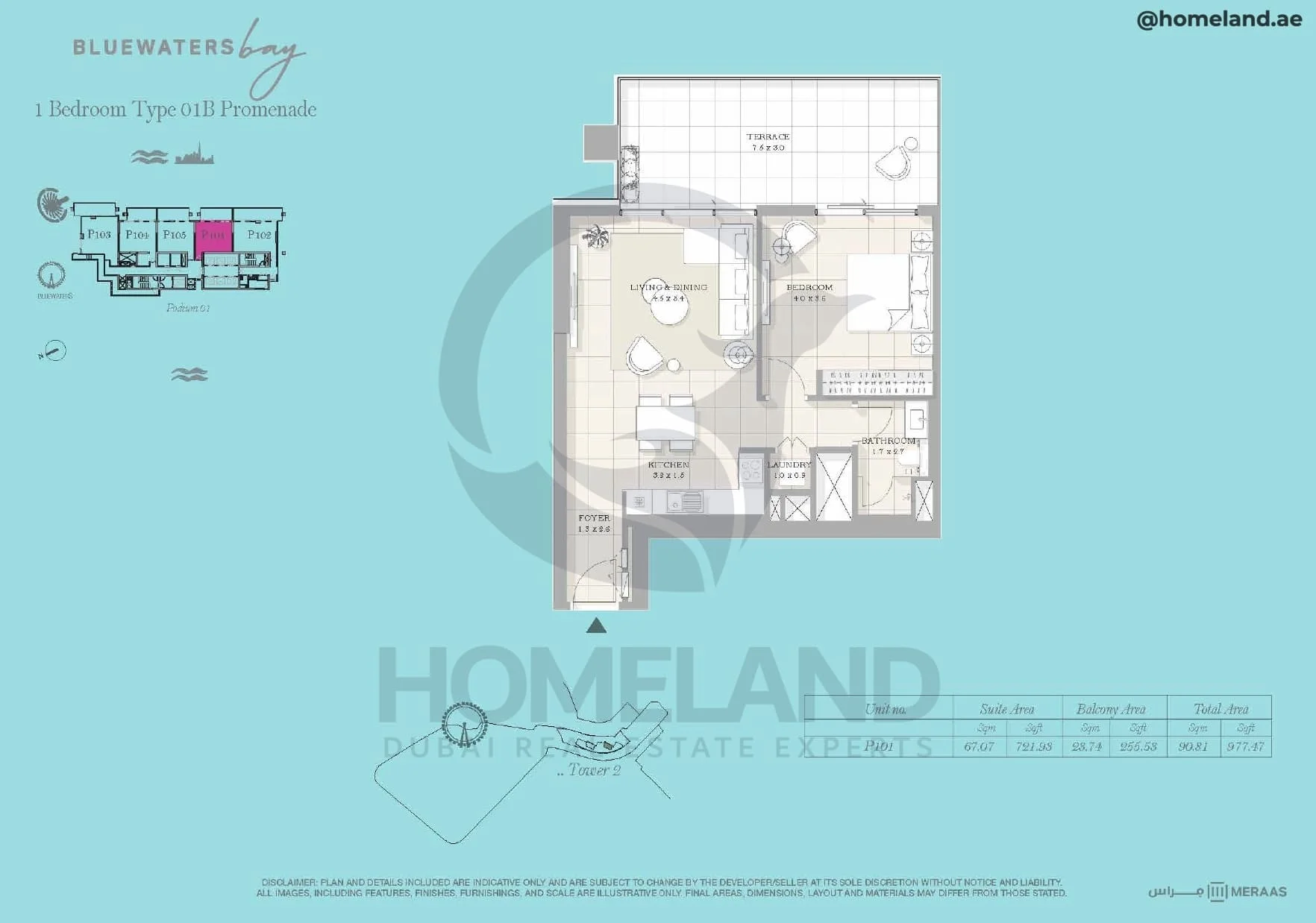 Bluewaters Bay, Tower 2, 1BR, Type 01B Promenade, Podium 1, Unit P101, 977 SQFT