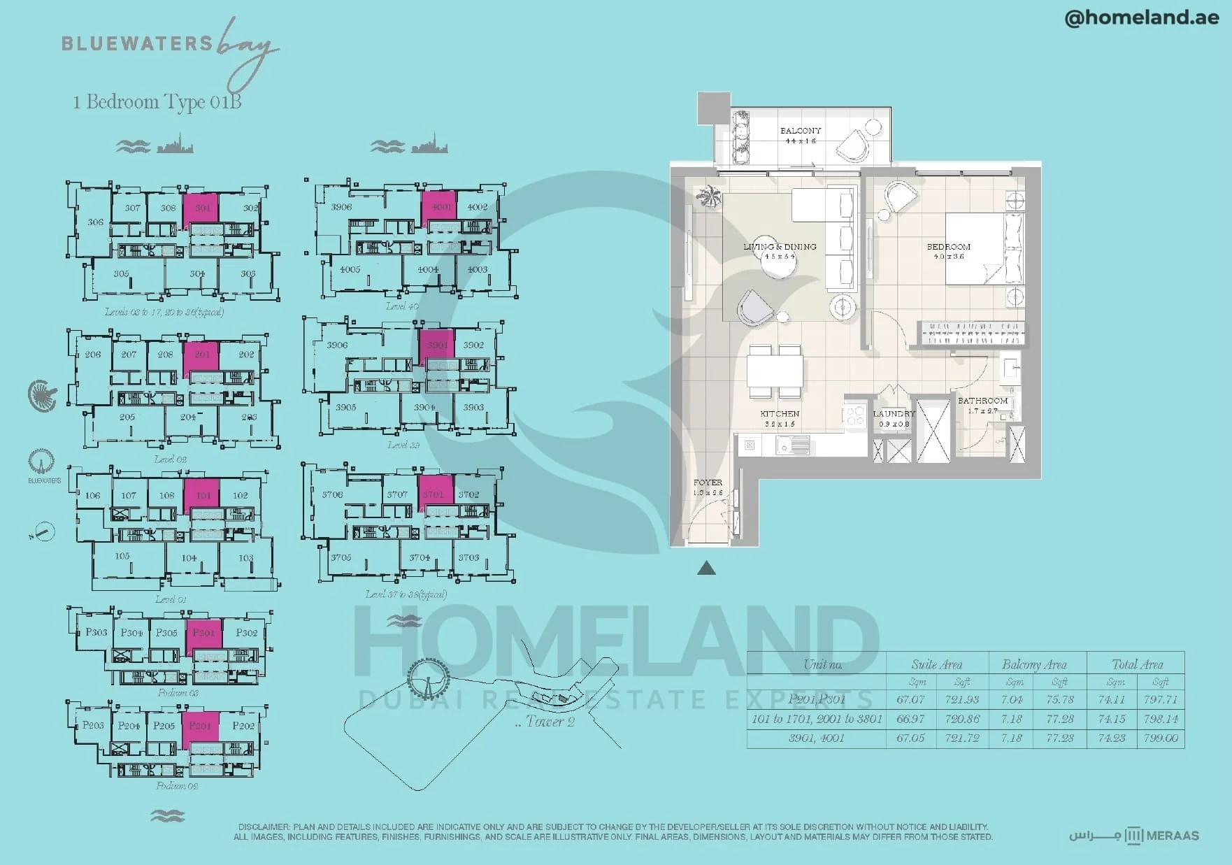 Bluewaters Bay, Tower 2, 1BR, Type 01B, Level 1 - 2 - 3 to 17 (typical) - 20 to 36 (typical) - 37 to 38 (typical) - 39 - 40 - Podium 2-3, Unit P201 to P301-101 to 1701-2001 to 3801-3901-4001, 799 SQFT