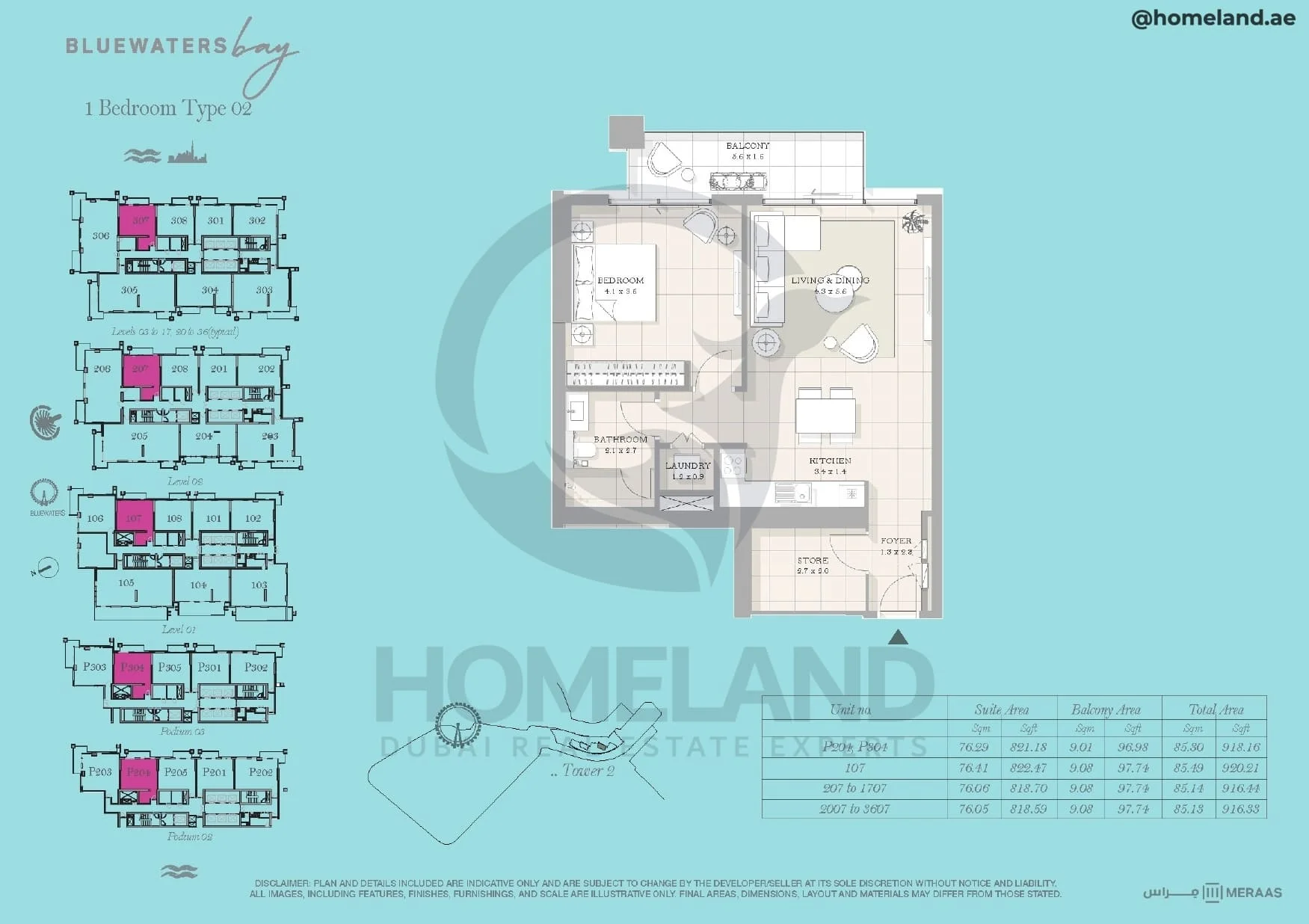 Bluewaters Bay, Tower 2, 1BR, Type 02, Level 1 - 2 - 3 to 17 (typical) - 20 to 36 (typical) - Podium 2-3, Unit P204-P304-107- 207 to 1707-2007 to 3607, 920 SQFT