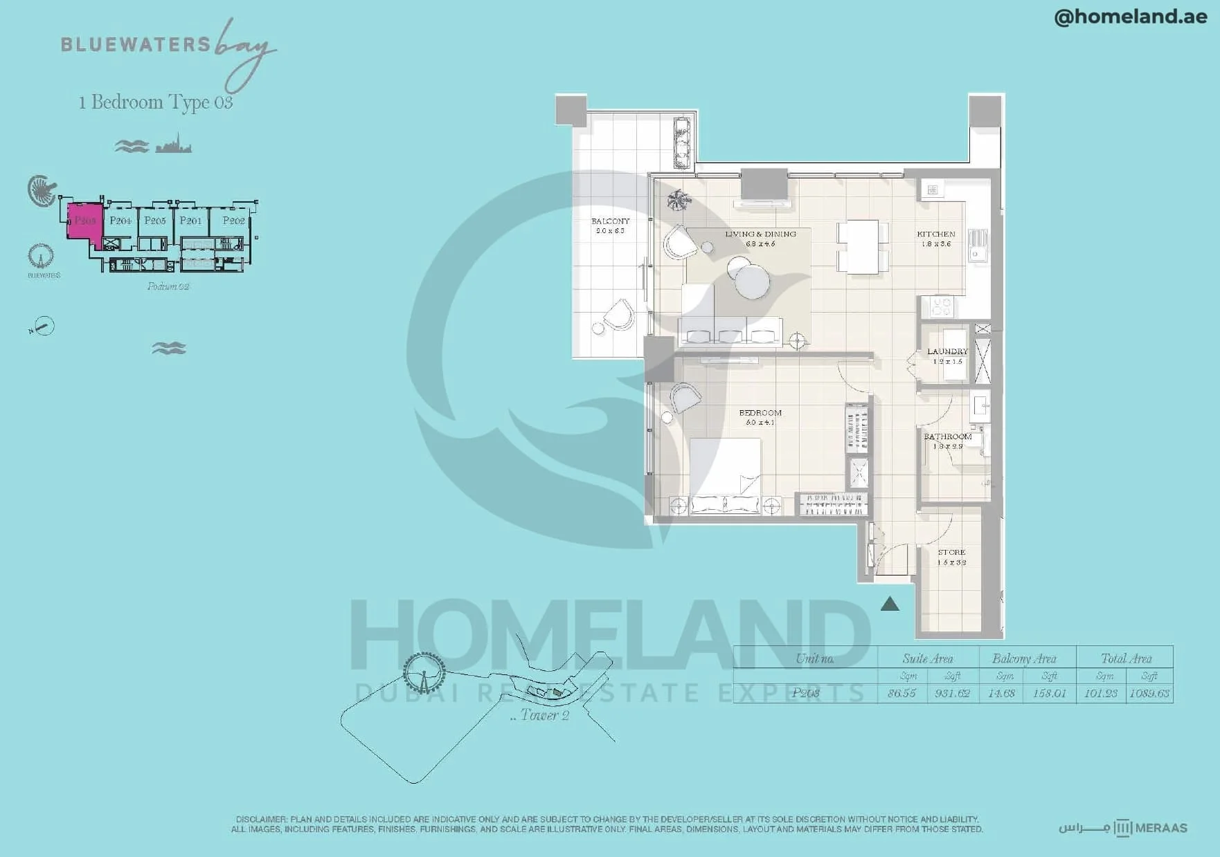 Bluewaters Bay, Tower 2, 1BR, Type 03, Podium 2, Unit P203, 1089 SQFT