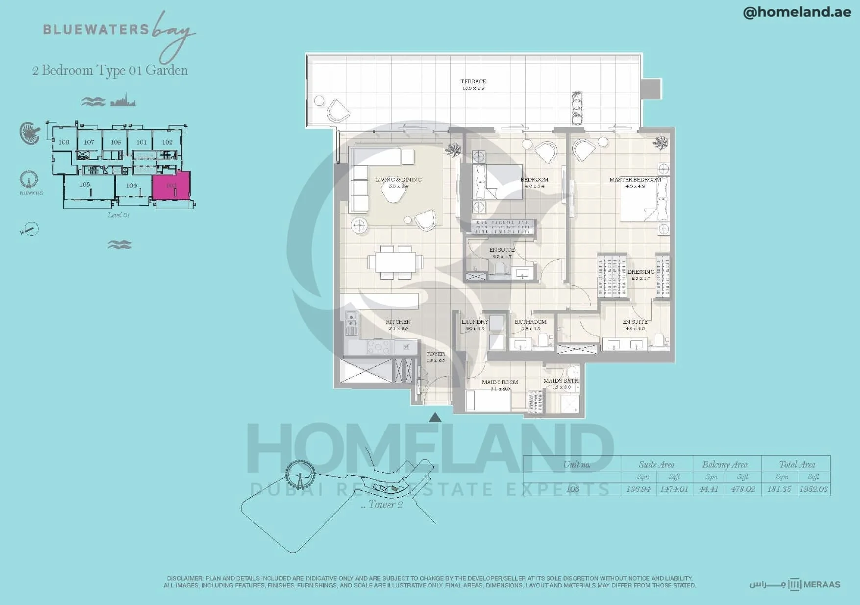Bluewaters Bay, Tower 2, 2BR, Type 01 Garden, Level 1, Unit 103, 1952 SQFT