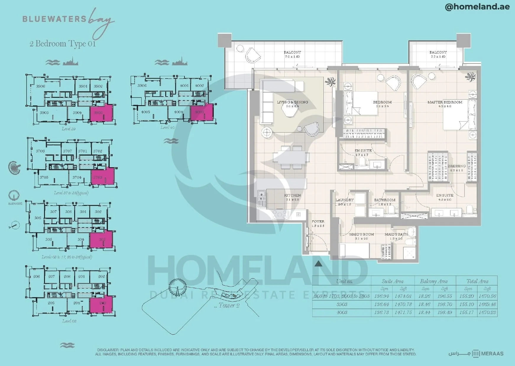 Bluewaters Bay, Tower 2, 2BR, Type 01, Level 2 - 3 to 17 (typical) - 20 to 36 (typical) - 37 to 38 (typical) - 39 - 40, Unit 203 to 1703-2003 to 3803-3903-4003, 1670 SQFT