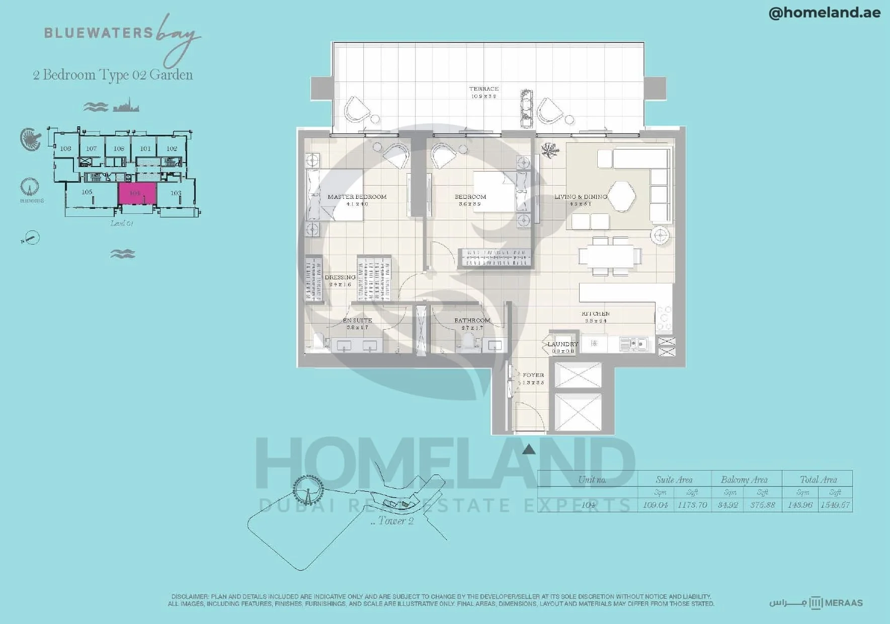 Bluewaters Bay, Tower 2, 2BR, Type 02 Garden, Level 1, Unit 104, 1549 SQFT