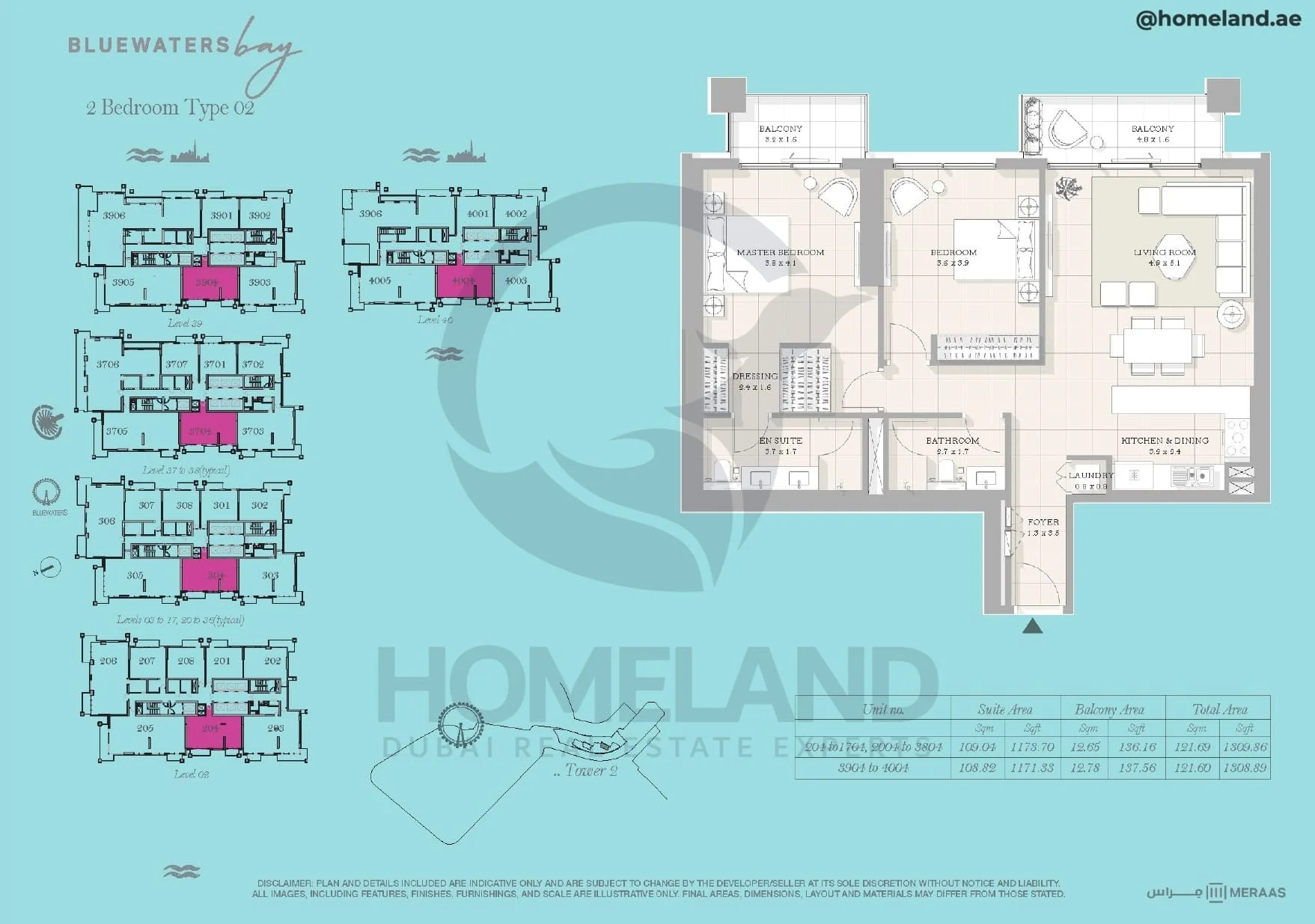 Bluewaters Bay, Tower 2, 2BR, Type 02, Level 2 - 3 to 17 (typical) - 20 to 36 (typical) - 37 to 38 (typical) - 39 - 40, Unit 204 to 1704-2004 to 3804-3904 to 4004, 1309 SQFT