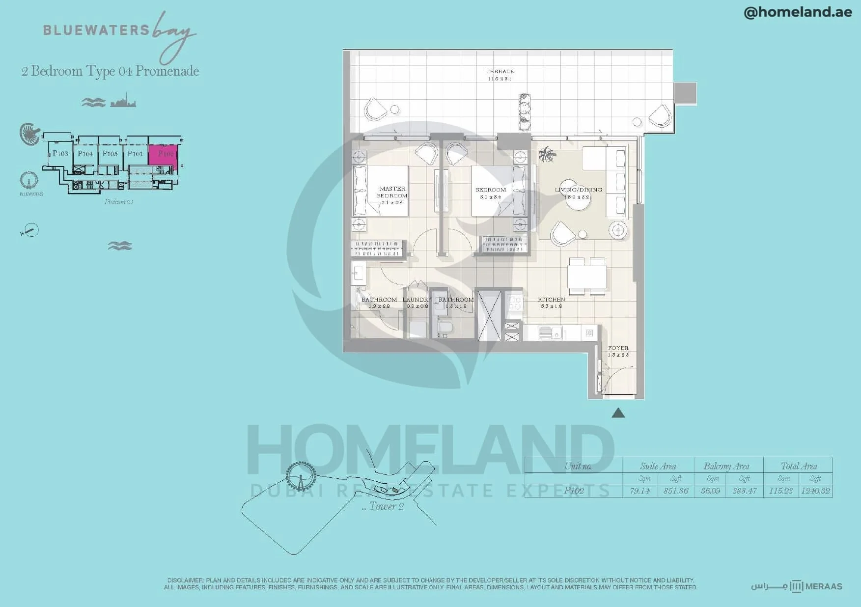 Bluewaters Bay, Tower 2, 2BR, Type 04 Promenade, Podium 1, Unit P102, 1240 SQFT