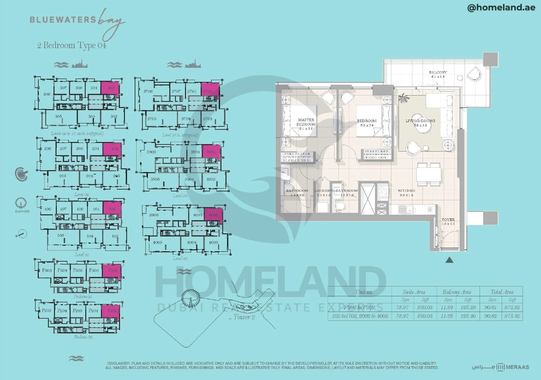 Bluewaters Bay, Tower 2, 2BR, Type 04, Level 1 - 2 - 3 to 17 (typical) - 20 to 36 (typical) - 37 to 38 (typical) - 39 - 40 - Podium 2-3, Unit P202 to P302-102 to 1702-2002 to 4002, 975 SQFT