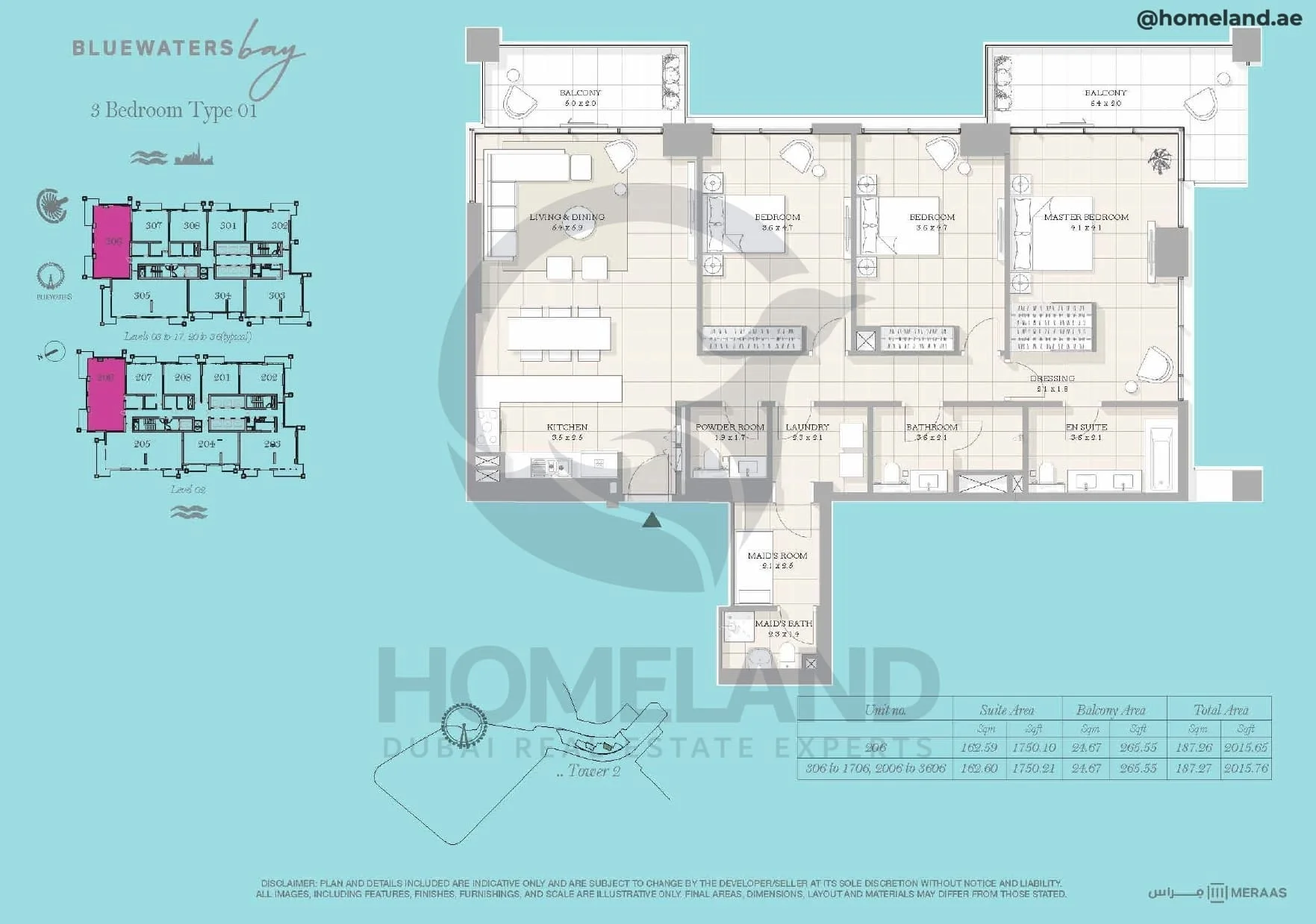 Bluewaters Bay, Tower 2, 3BR, Type 01, Level 2 - 3 to 17 (typical) - 20 to 36 (typical), Unit 206-306 to 1706-2006 to 3606, 2015 SQFT