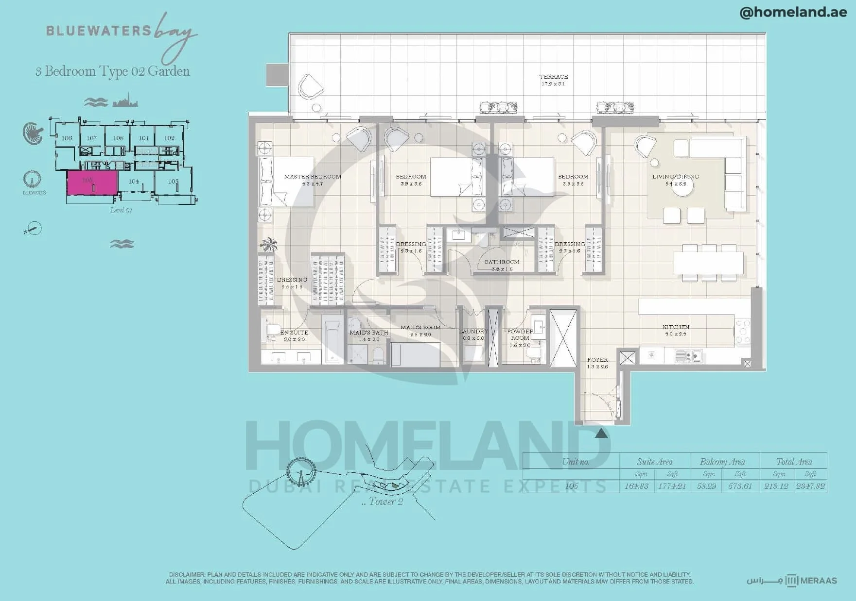 Bluewaters Bay, Tower 2, 3BR, Type 02 Garden, Level 1, Unit 105, 2347 SQFT