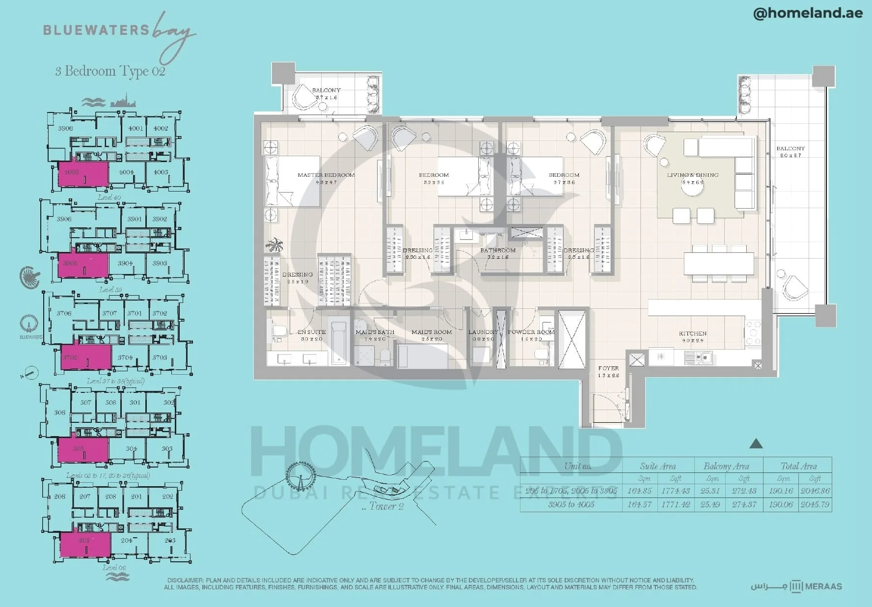 Bluewaters Bay, Tower 2, 3BR, Type 02, Level 2 - 3 to 17 (typical) - 20 to 36 (typical) - 37 to 38 (typical) - 39 - 40, Unit 205 to 1705-2005 to 3805-3905 to 4005, 2045 SQFT