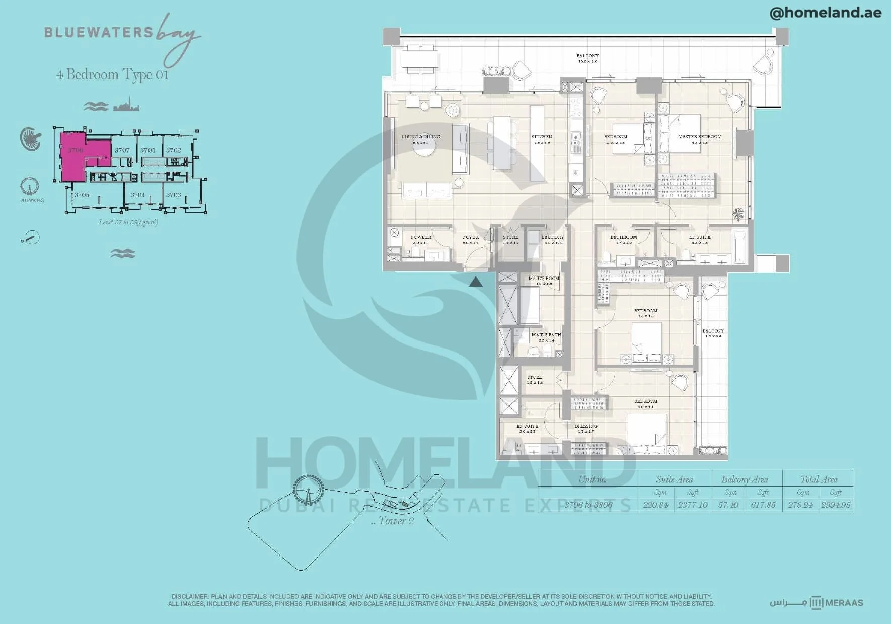 Bluewaters Bay, Tower 2, 4BR, Type 01, Level 37 to 38 (typical), Unit 3706 to 3806, 2994 SQFT