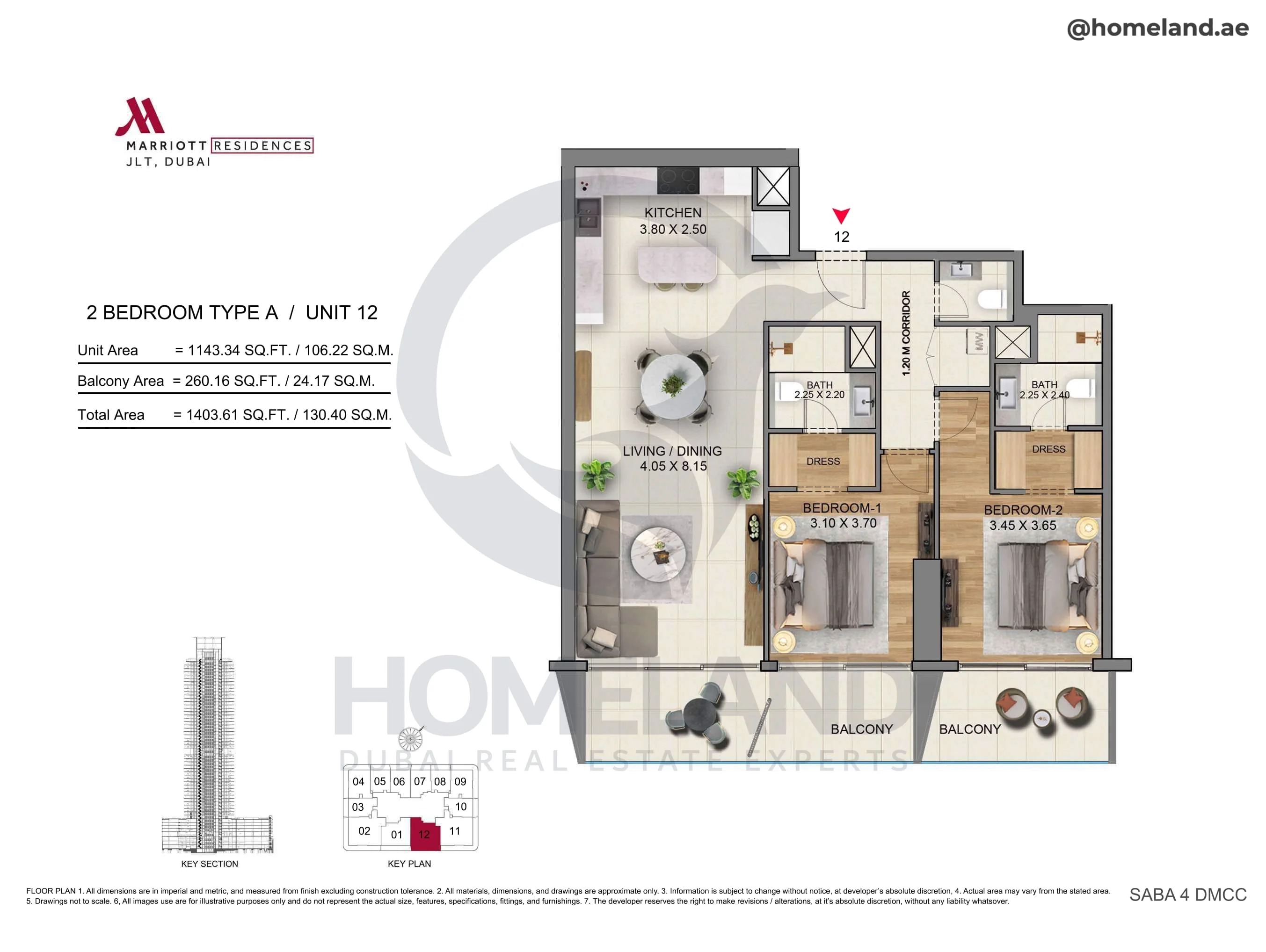 Marriott Residences, 2BR, Type A, Unit 12, 1403 SQFT
