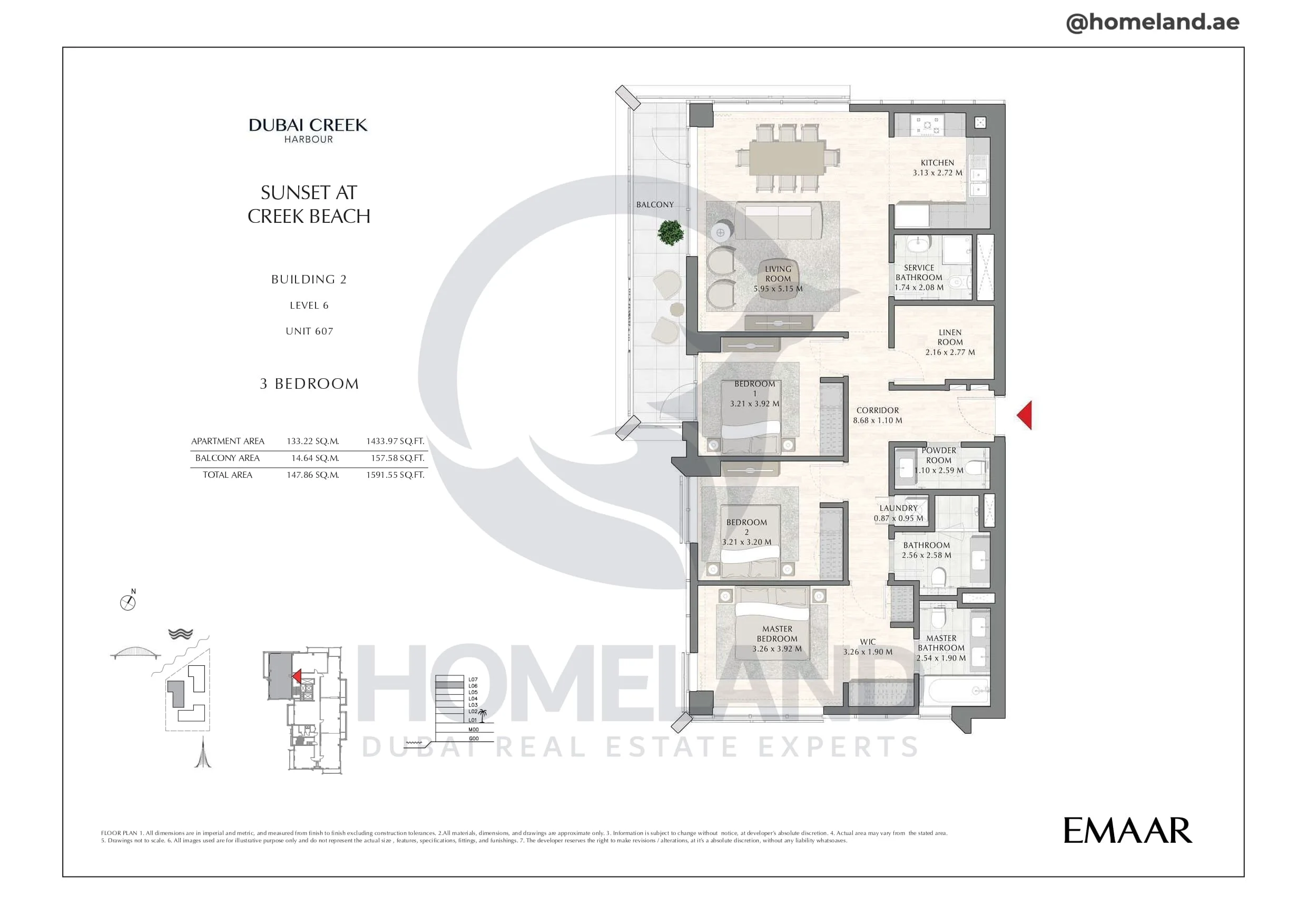 Sunset, Building 2, Level 6, Unit 607, 3BR, 1591 SQFT