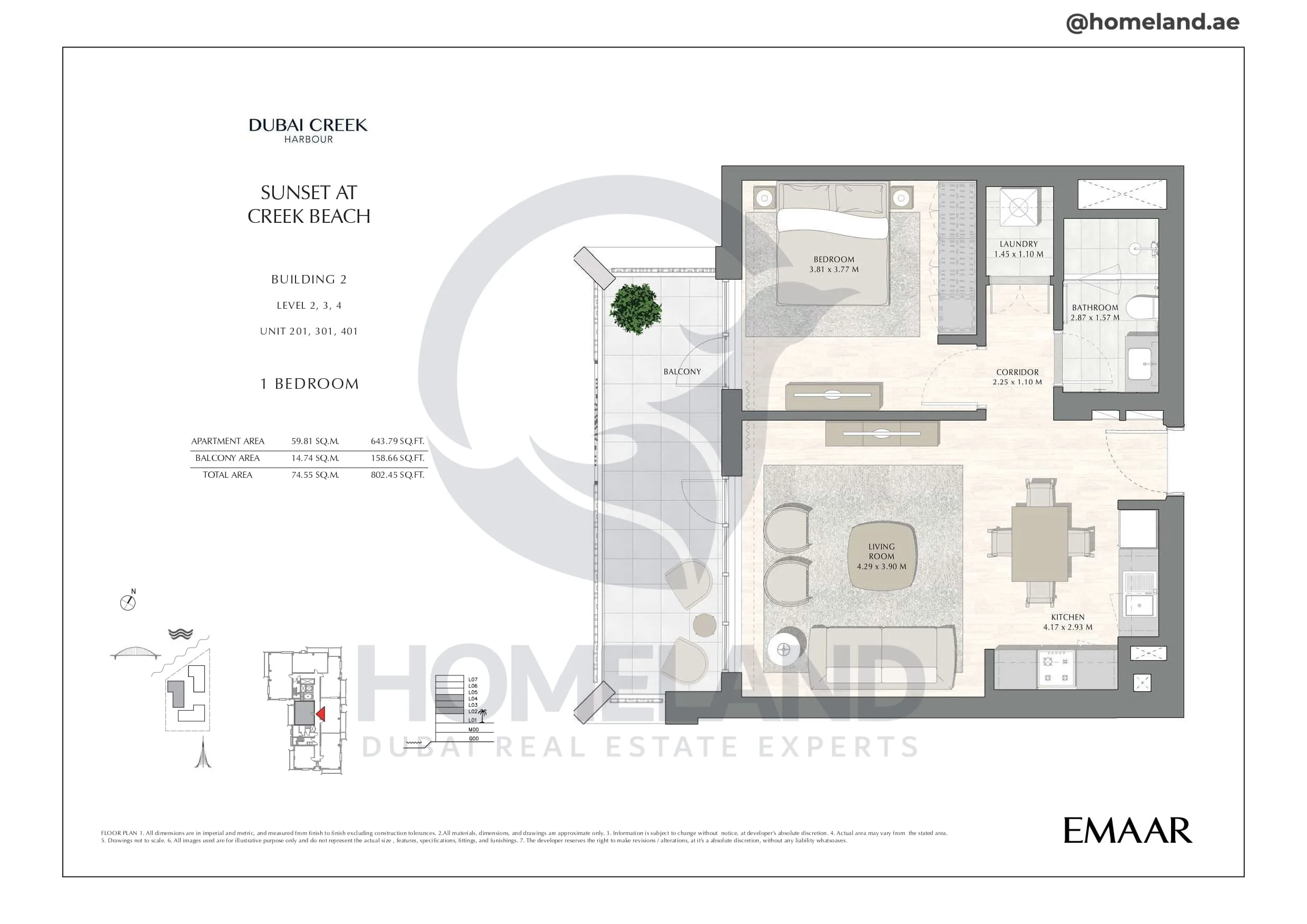 Sunset, Building 2, Level 2 to 4, Unit 201-301-401, 1BR, 802 SQFT