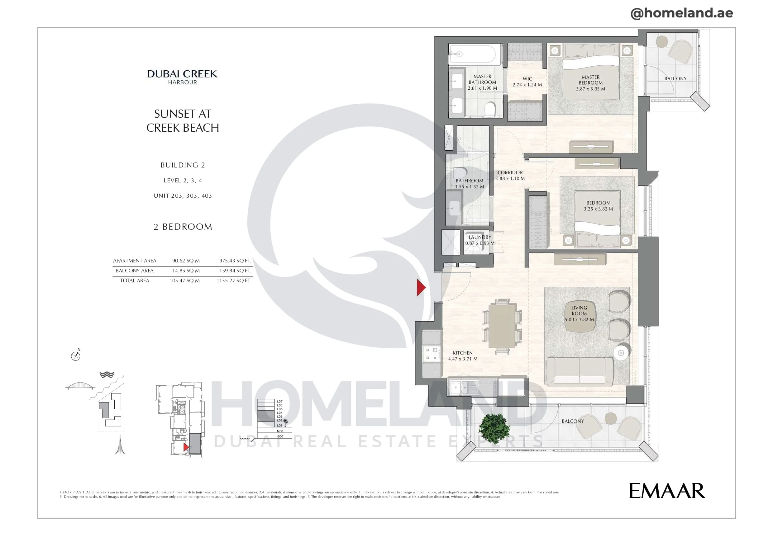 Sunset, Building 2, Level 2 to 4, Unit 203-303-403, 2BR, 1135 SQFT