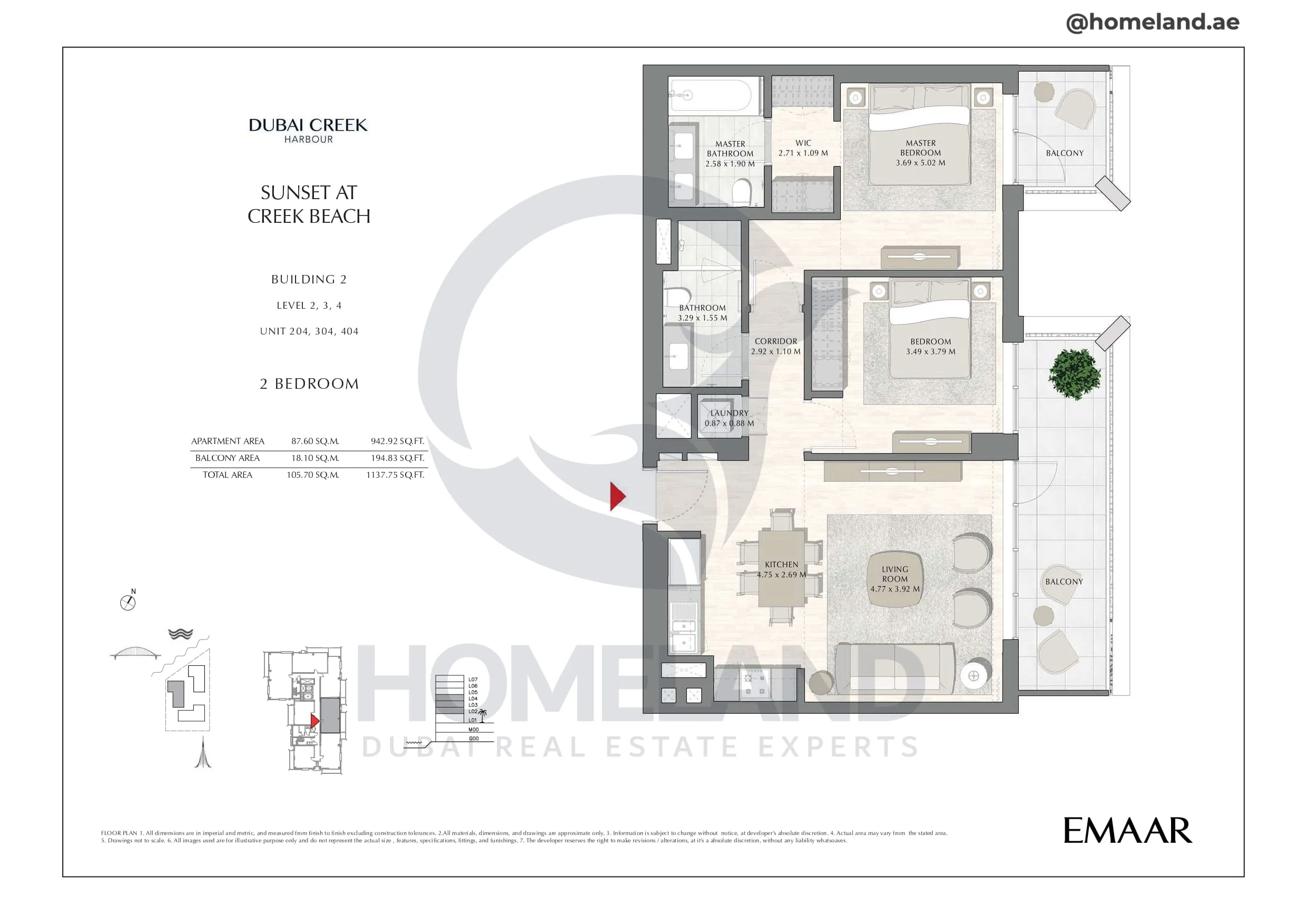 Sunset, Building 2, Level 2 to 4, Unit 204-304-404, 2BR, 1137 SQFT