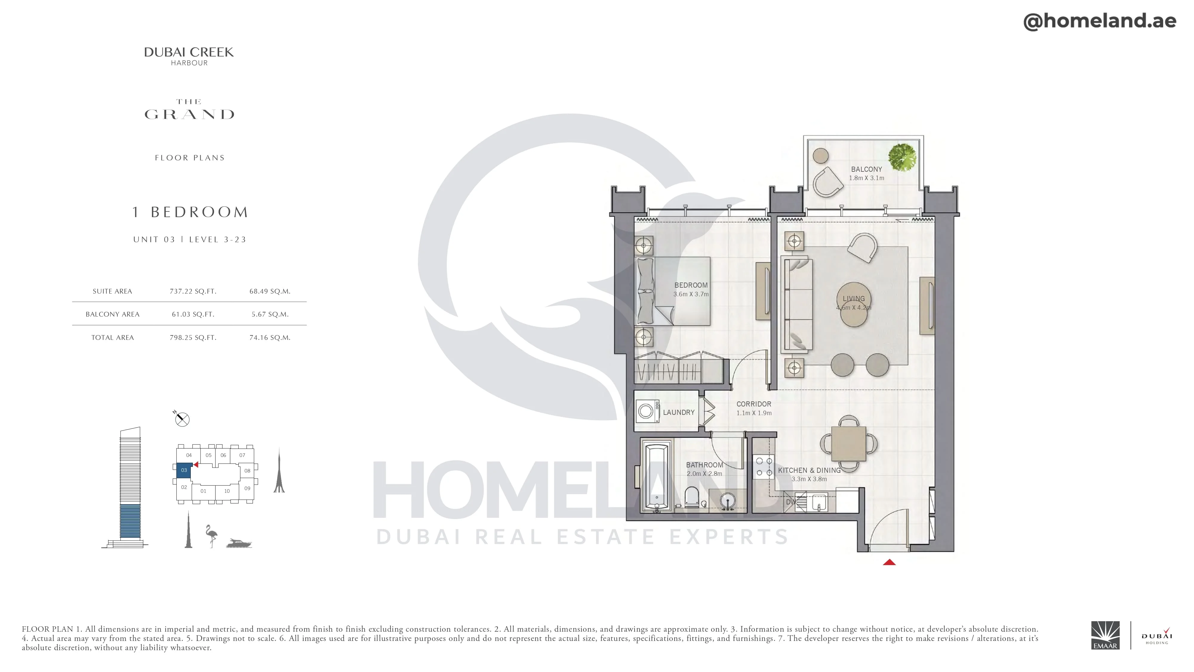 The Grand, 1BR, Unit 03, Level 3-23, 798 SQFT