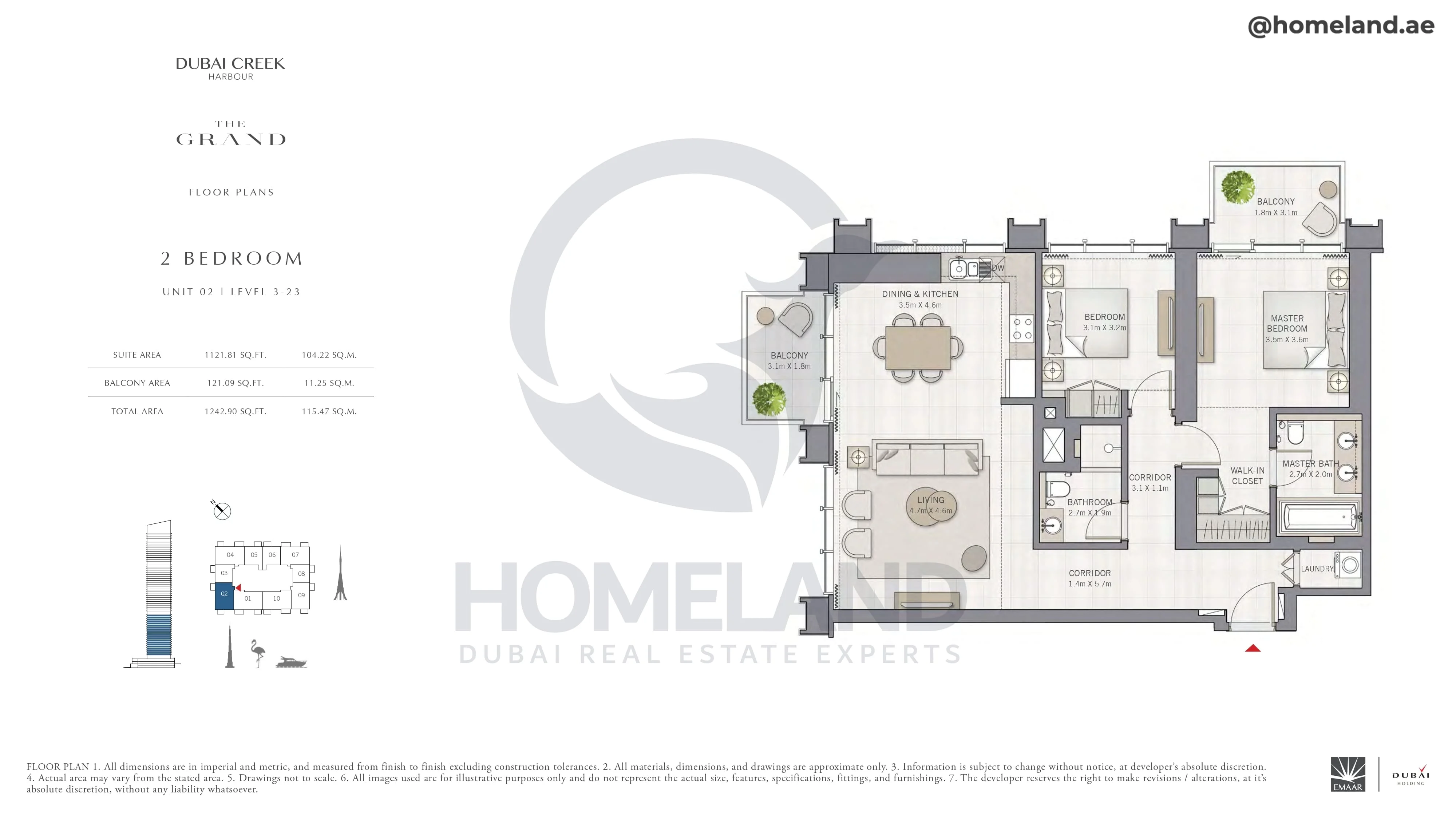 The Grand, 2BR, Unit 02, Level 3-23, 1242 SQFT