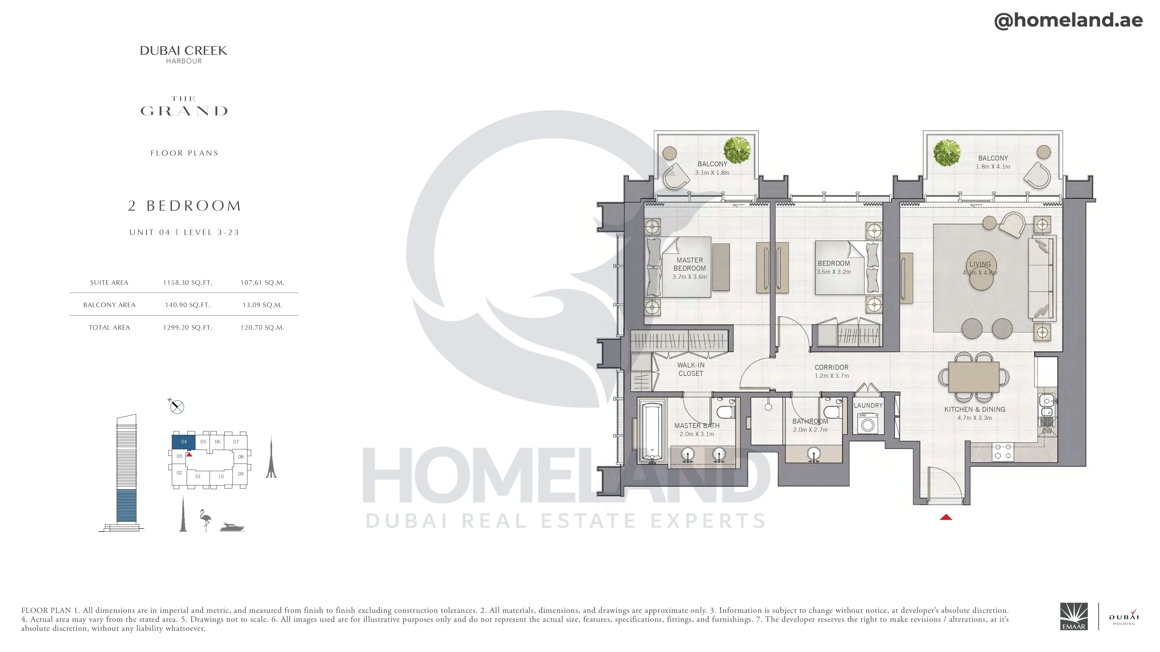 The Grand, 2BR, Unit 04, Level 3-23, 1299 SQFT