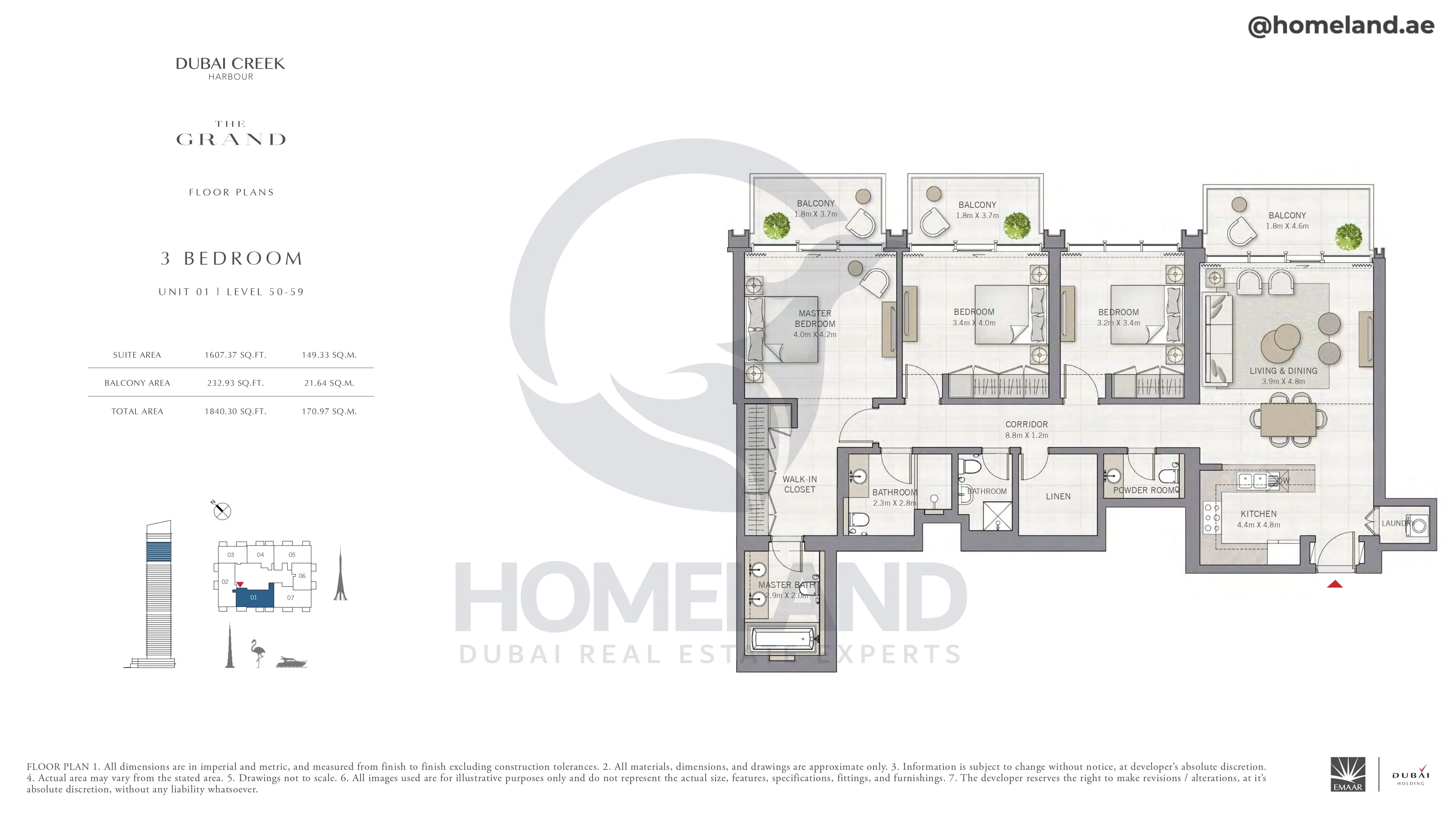 The Grand, 3BR, Unit 01, Level 50-59, 1840 SQFT