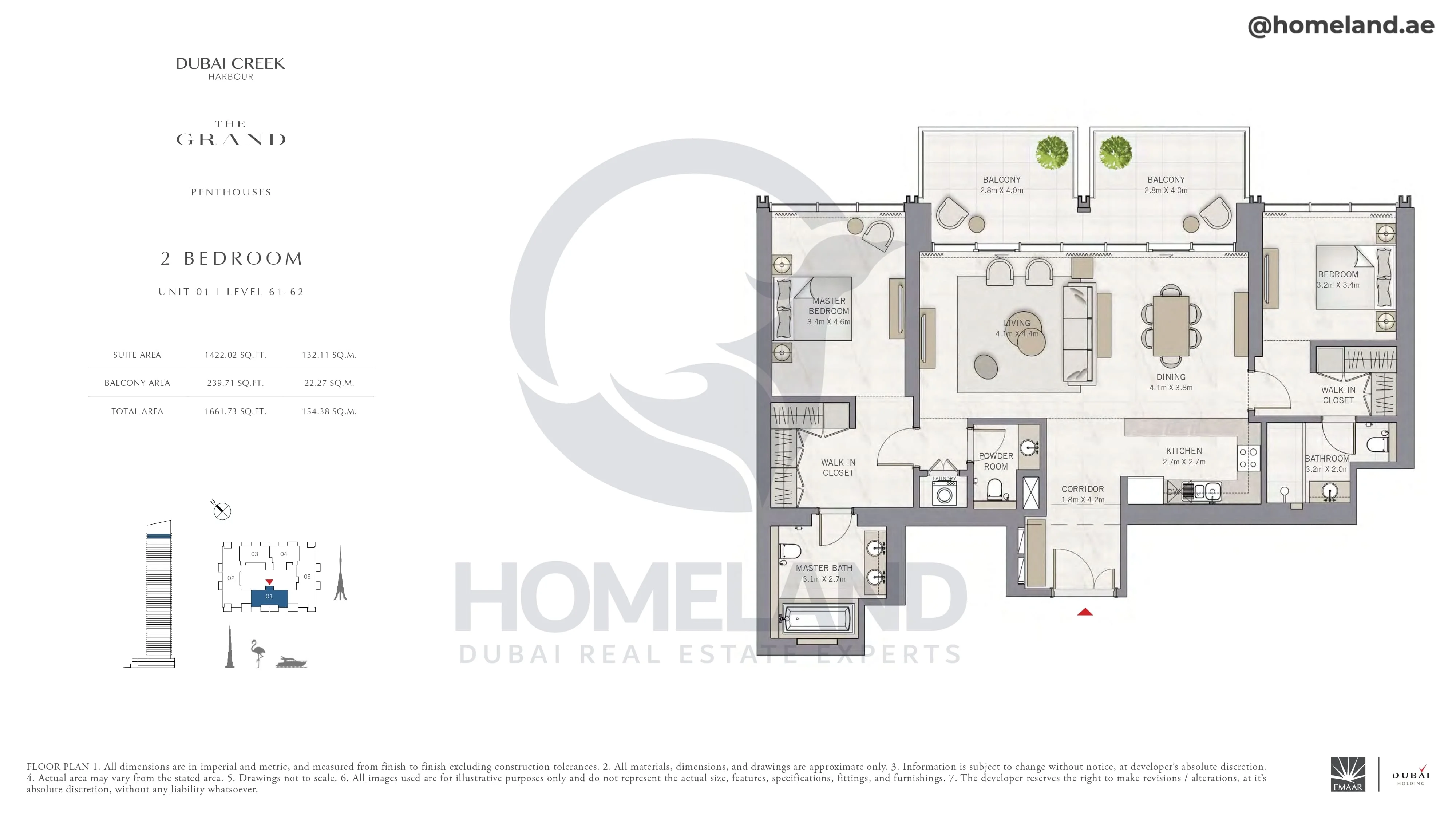 The Grand, Penthouse, 2BR, Unit 01, Level 61-62, 1661 SQFT