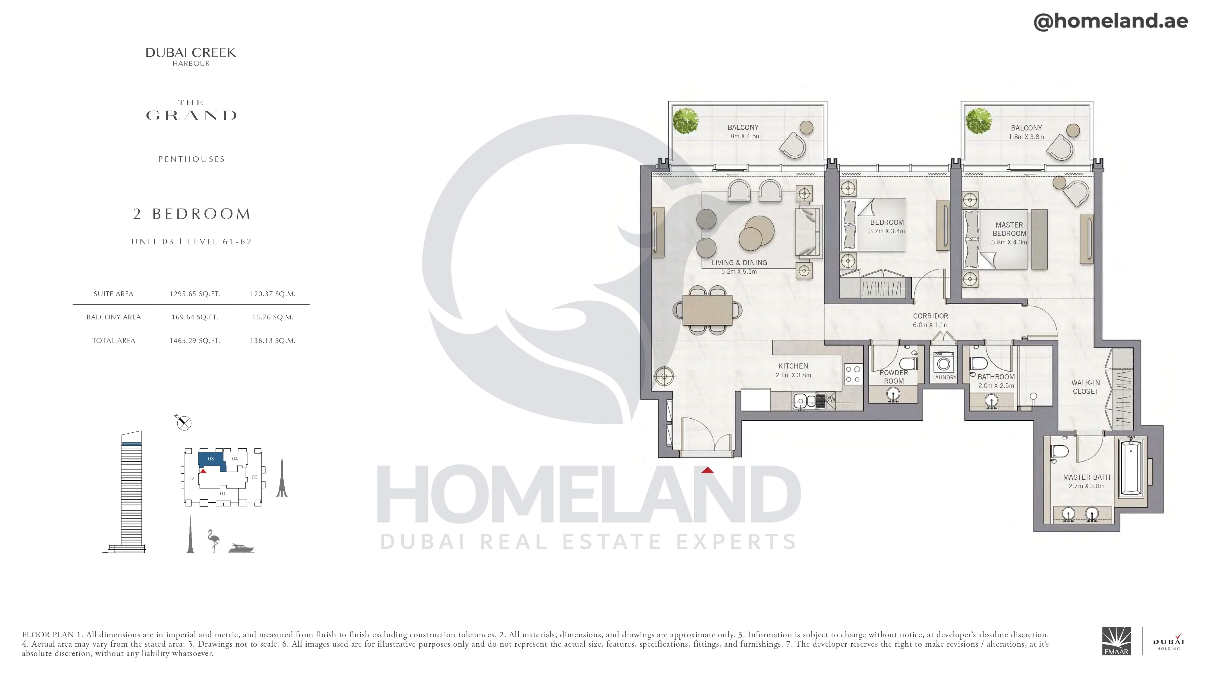 The Grand, Penthouse, 2BR, Unit 03, Level 61-62, 1465 SQFT