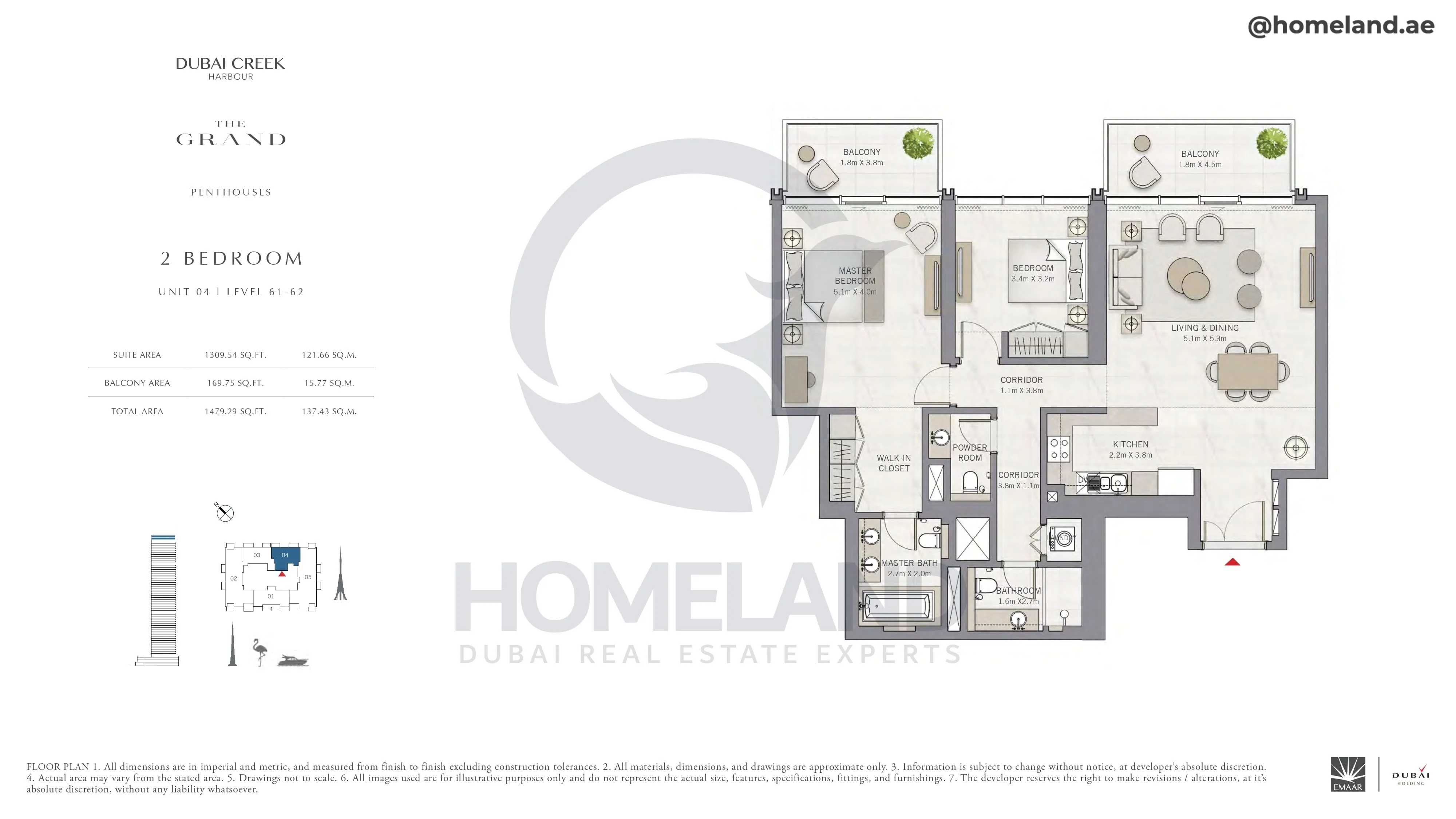 The Grand, Penthouse, 2BR, Unit 04, Level 61-62, 1479 SQFT