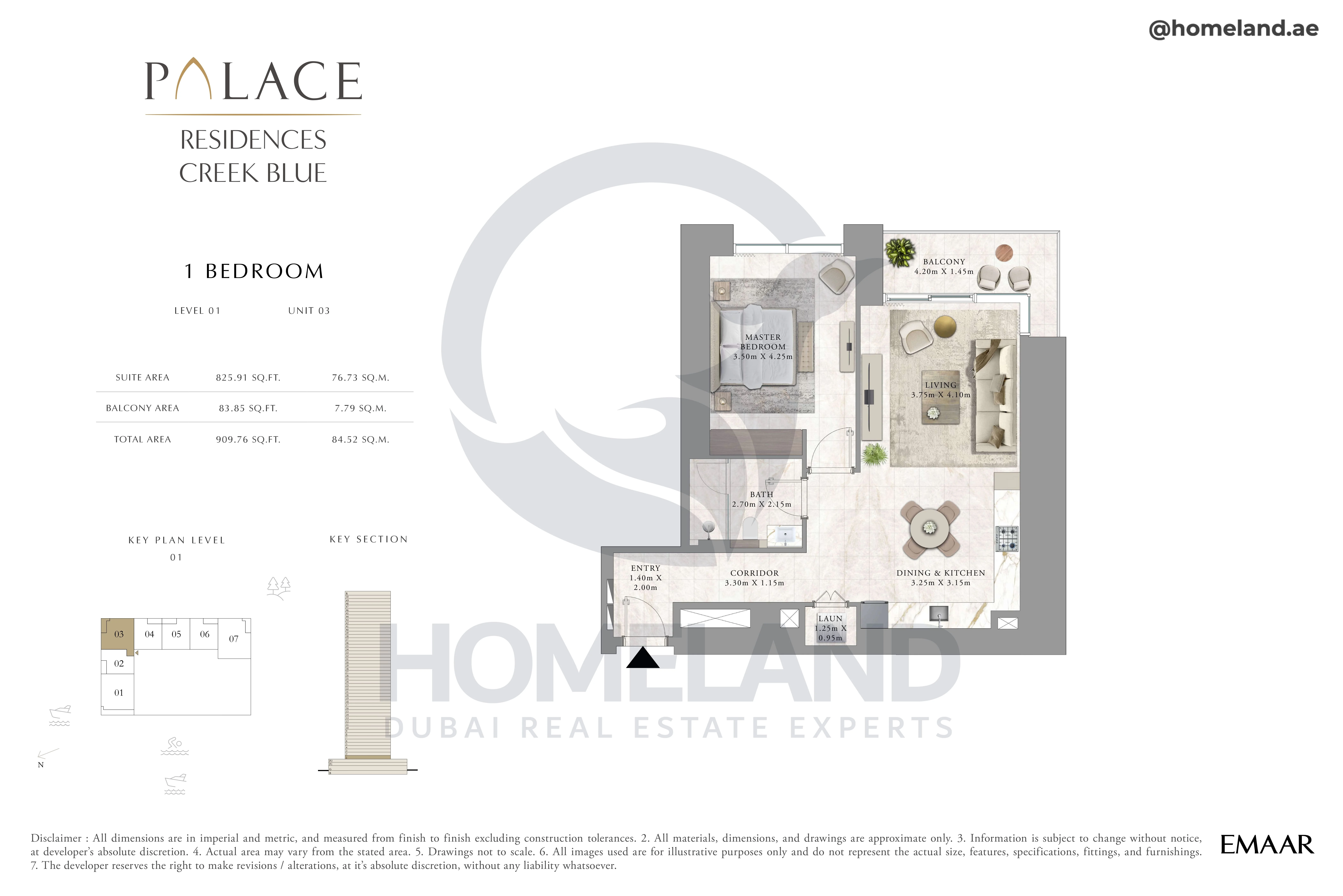 Palace Residences Creek Blue, 1BR, Level 01, Unit 03, 909 SQFT