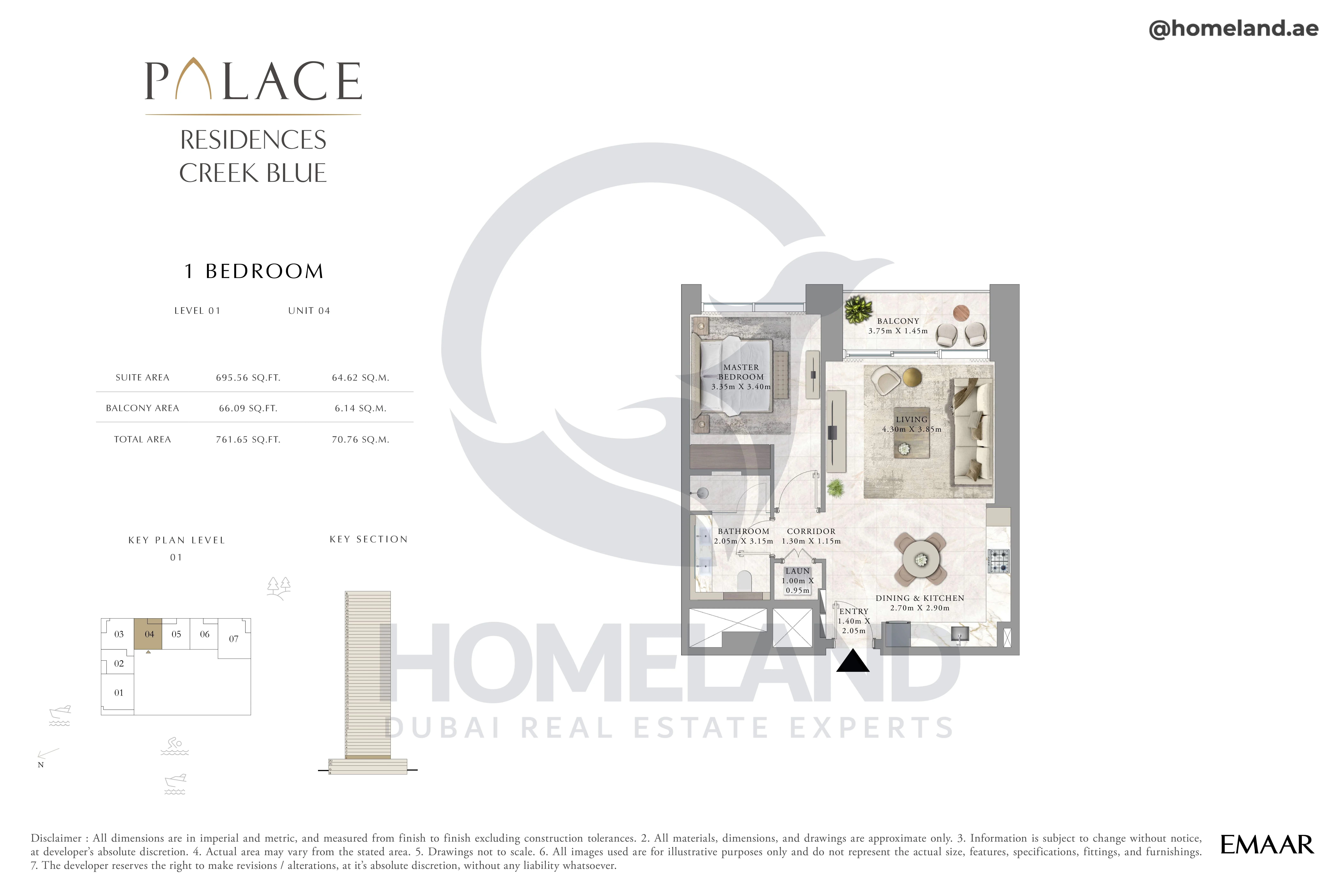Palace Residences Creek Blue, 1BR, Level 01, Unit 04, 761 SQFT