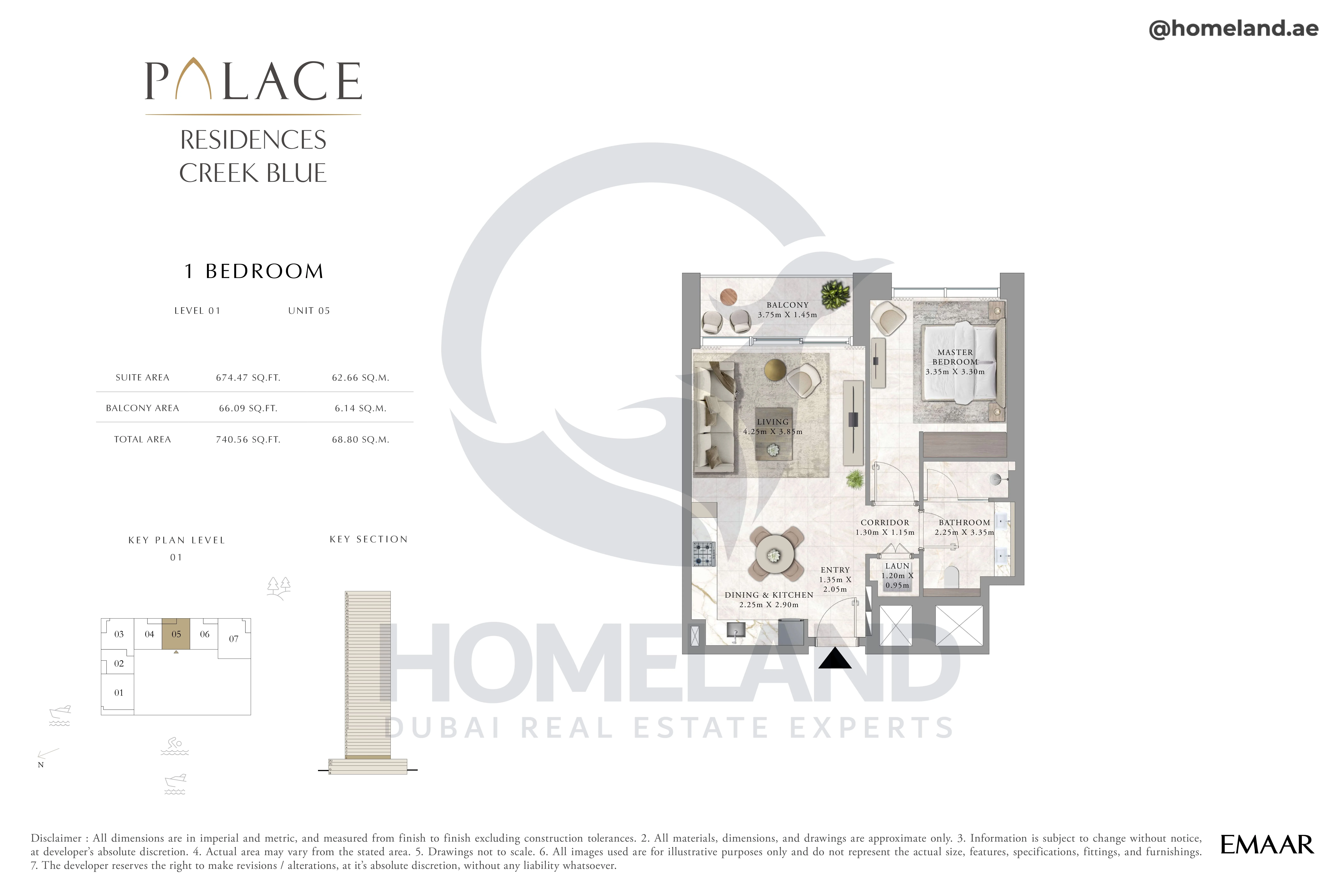 Palace Residences Creek Blue, 1BR, Level 01, Unit 05, 740 SQFT