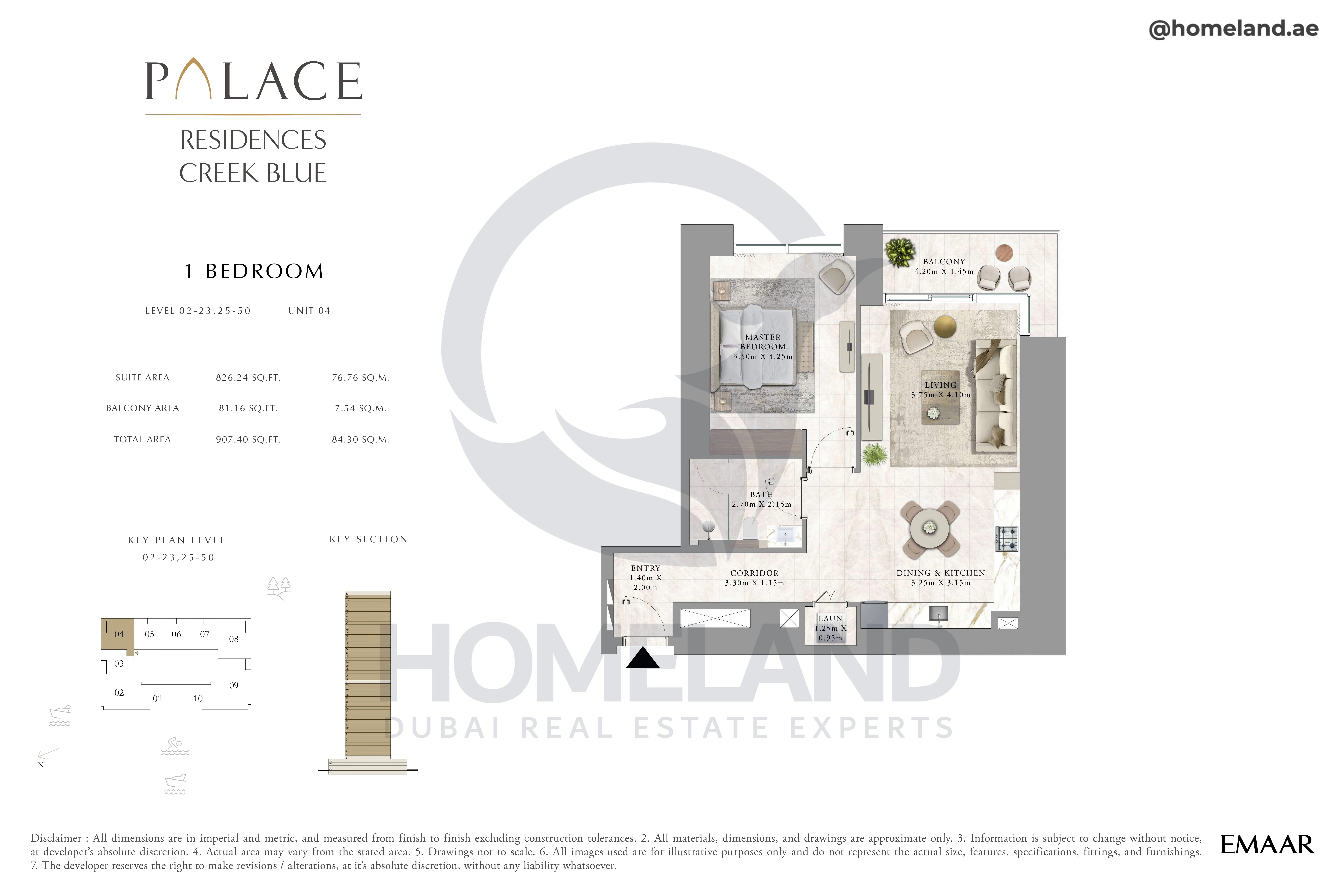 Palace Residences Creek Blue, 1BR, Level 02 to 23-25 to 50, Unit 04, 907 SQFT