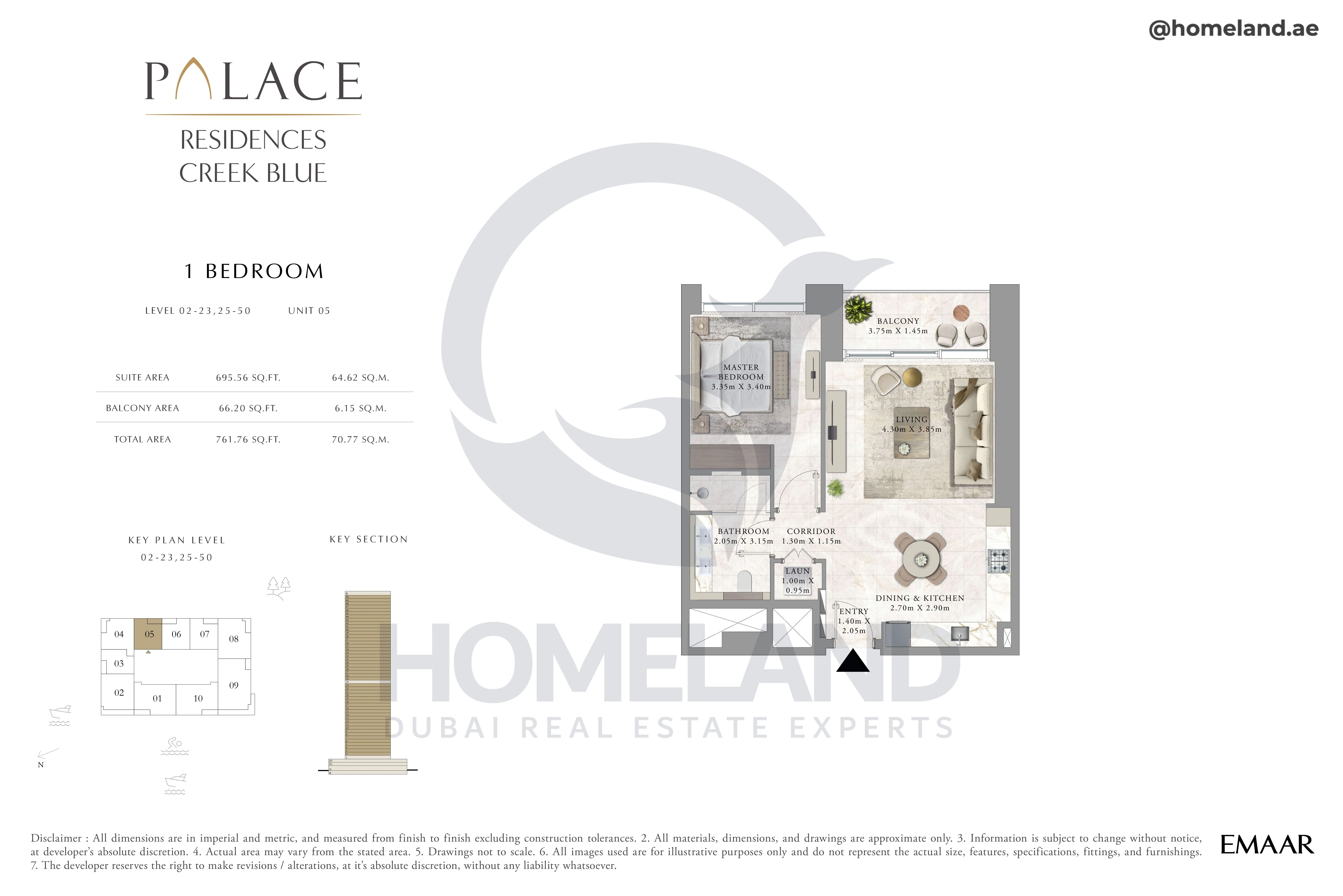 Palace Residences Creek Blue, 1BR, Level 02 to 23-25 to 50, Unit 05, 761 SQFT