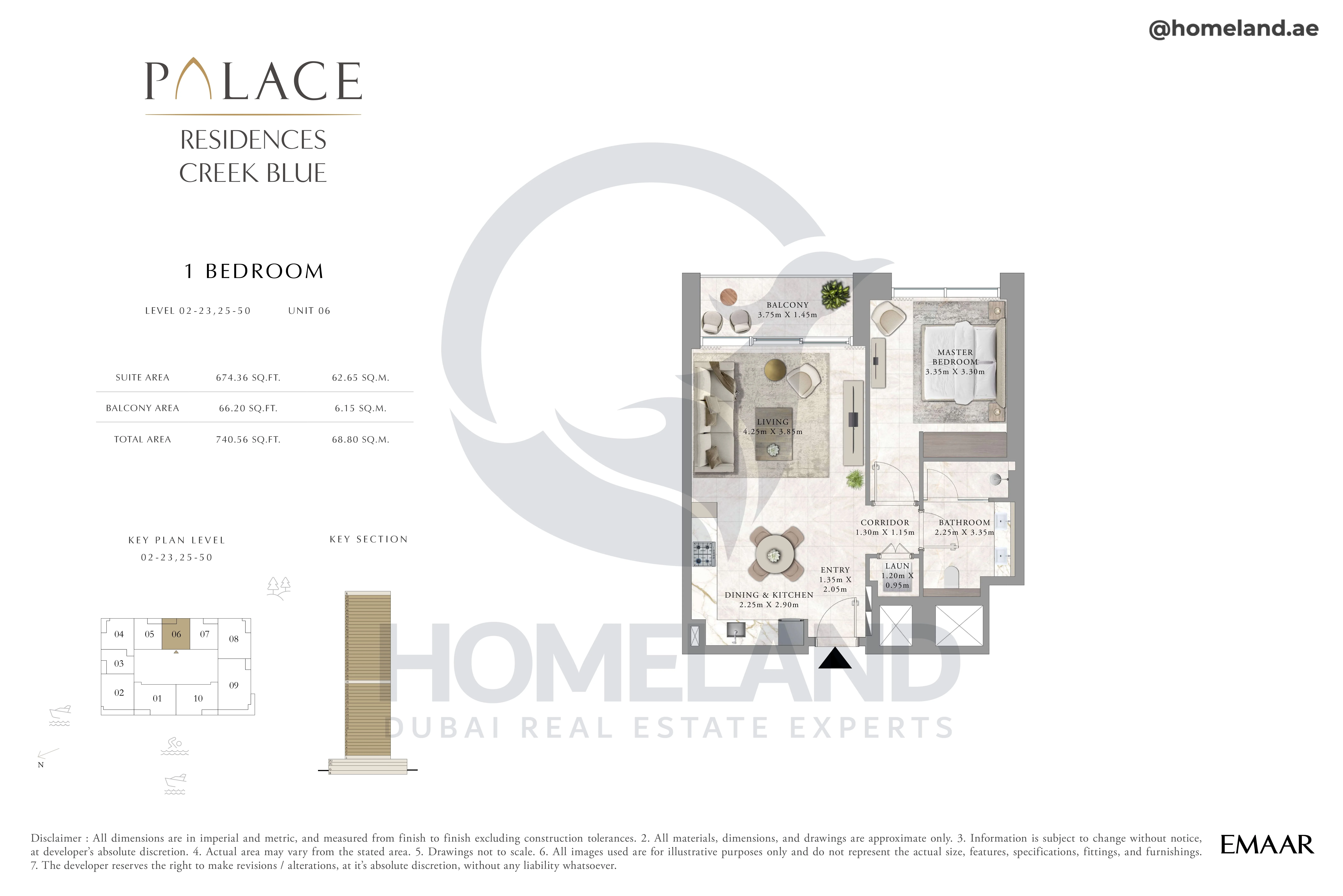 Palace Residences Creek Blue, 1BR, Level 02 to 23-25 to 50, Unit 06, 740 SQFT