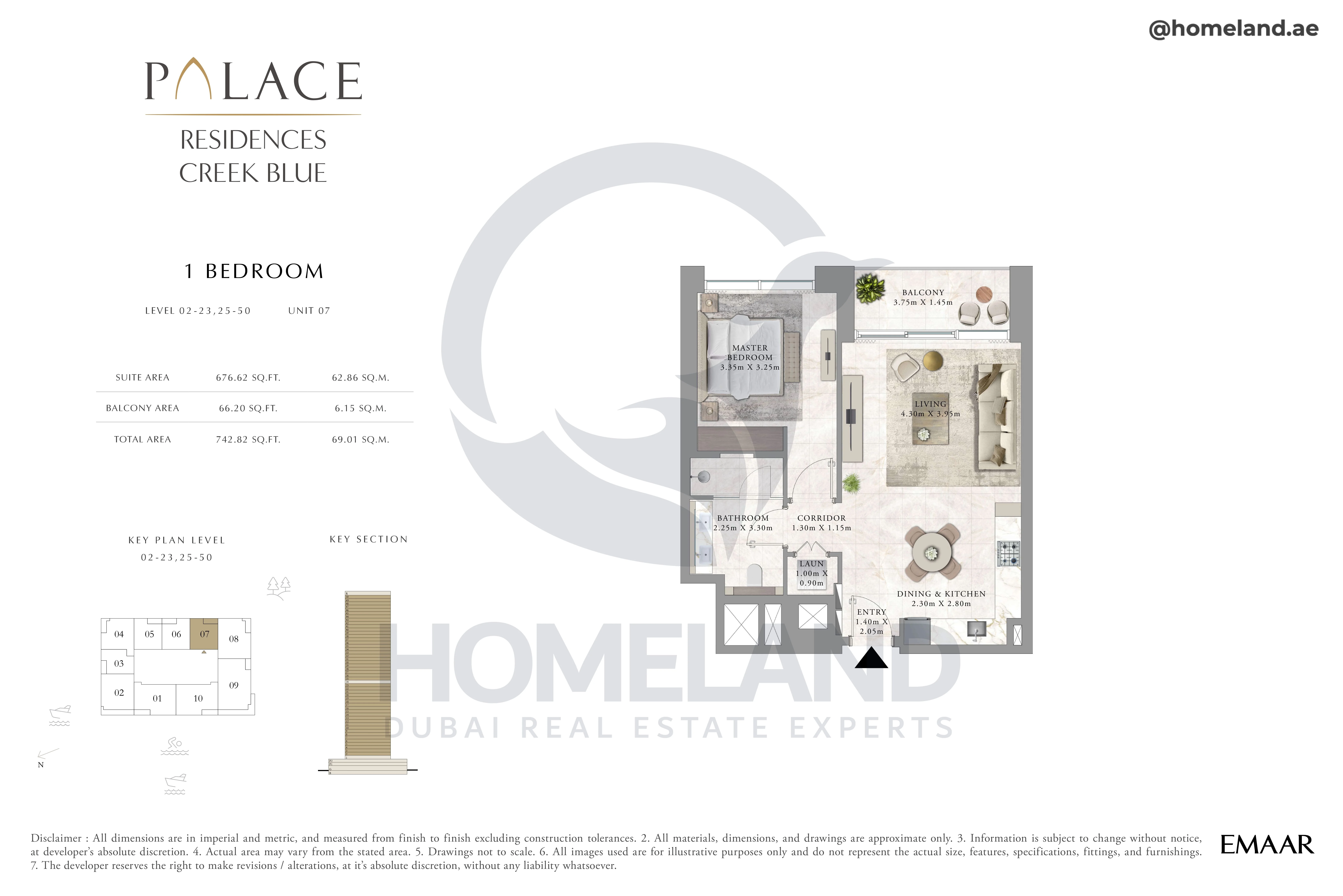 Palace Residences Creek Blue, 1BR, Level 02 to 23-25 to 50, Unit 07, 742 SQFT