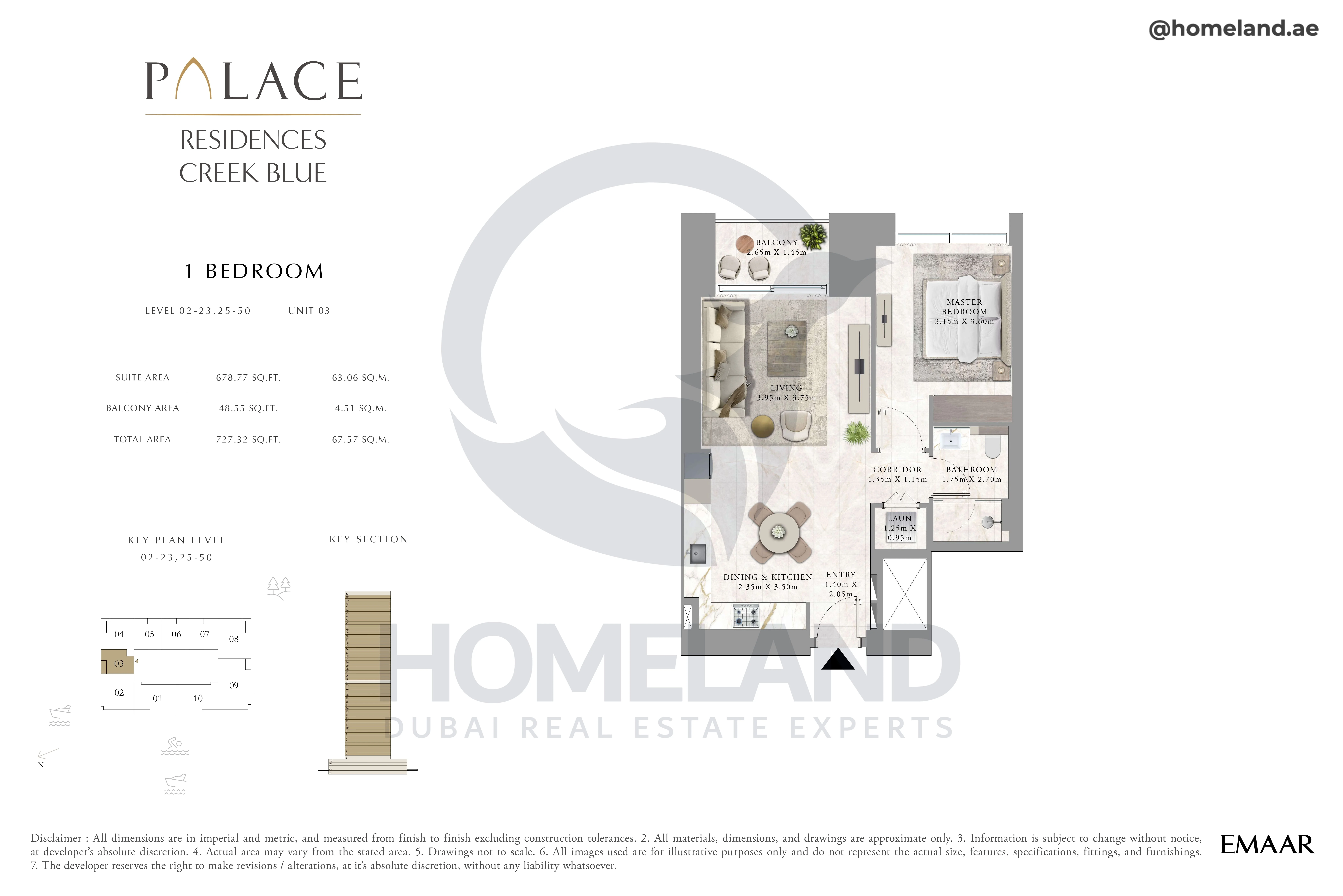 Palace Residences Creek Blue, 1BR, Level 02 to 23-25 to 50, Unit 03, 727 SQFT