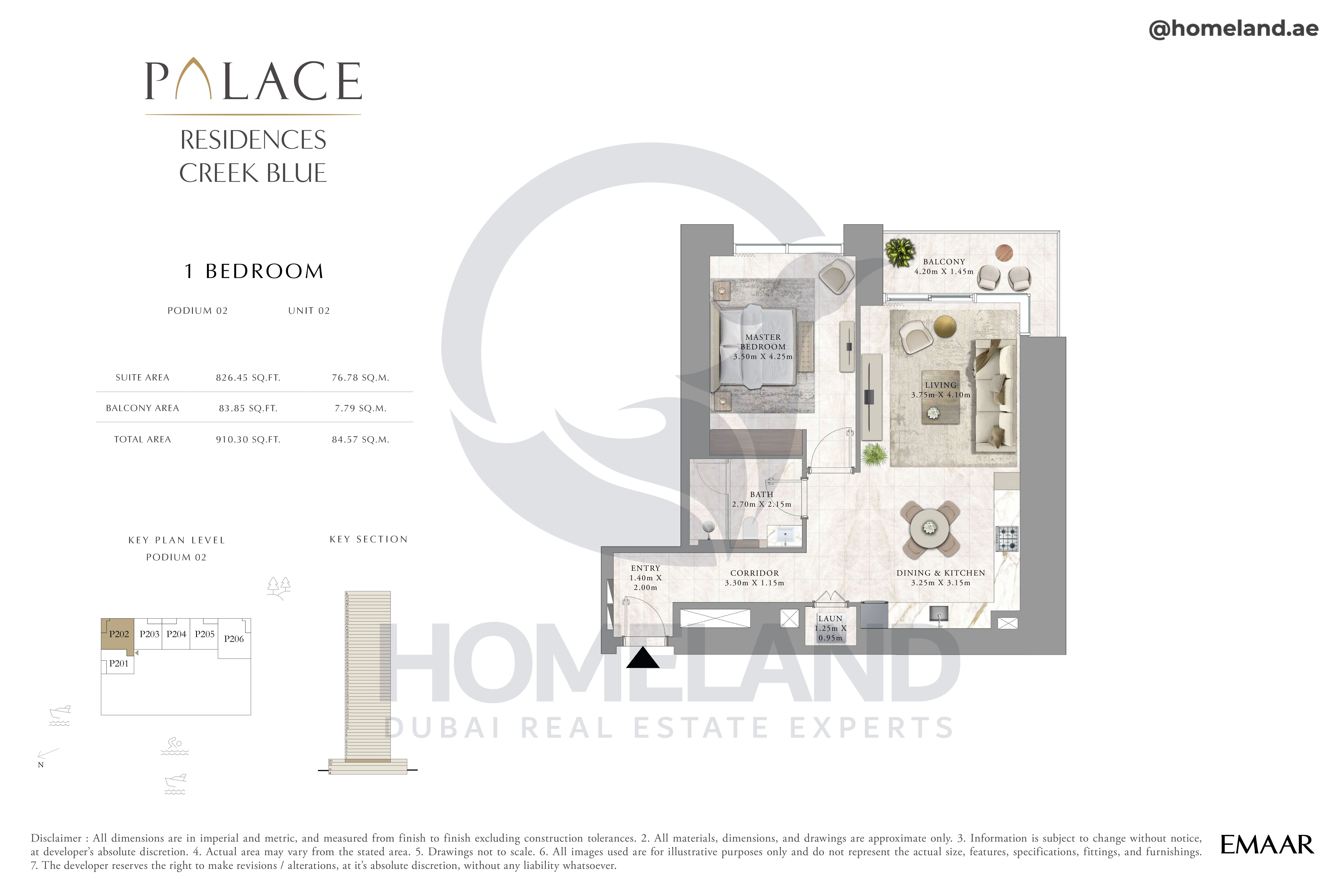 Palace Residences Creek Blue, 1BR, Podium 02, Unit 02, 910 SQFT