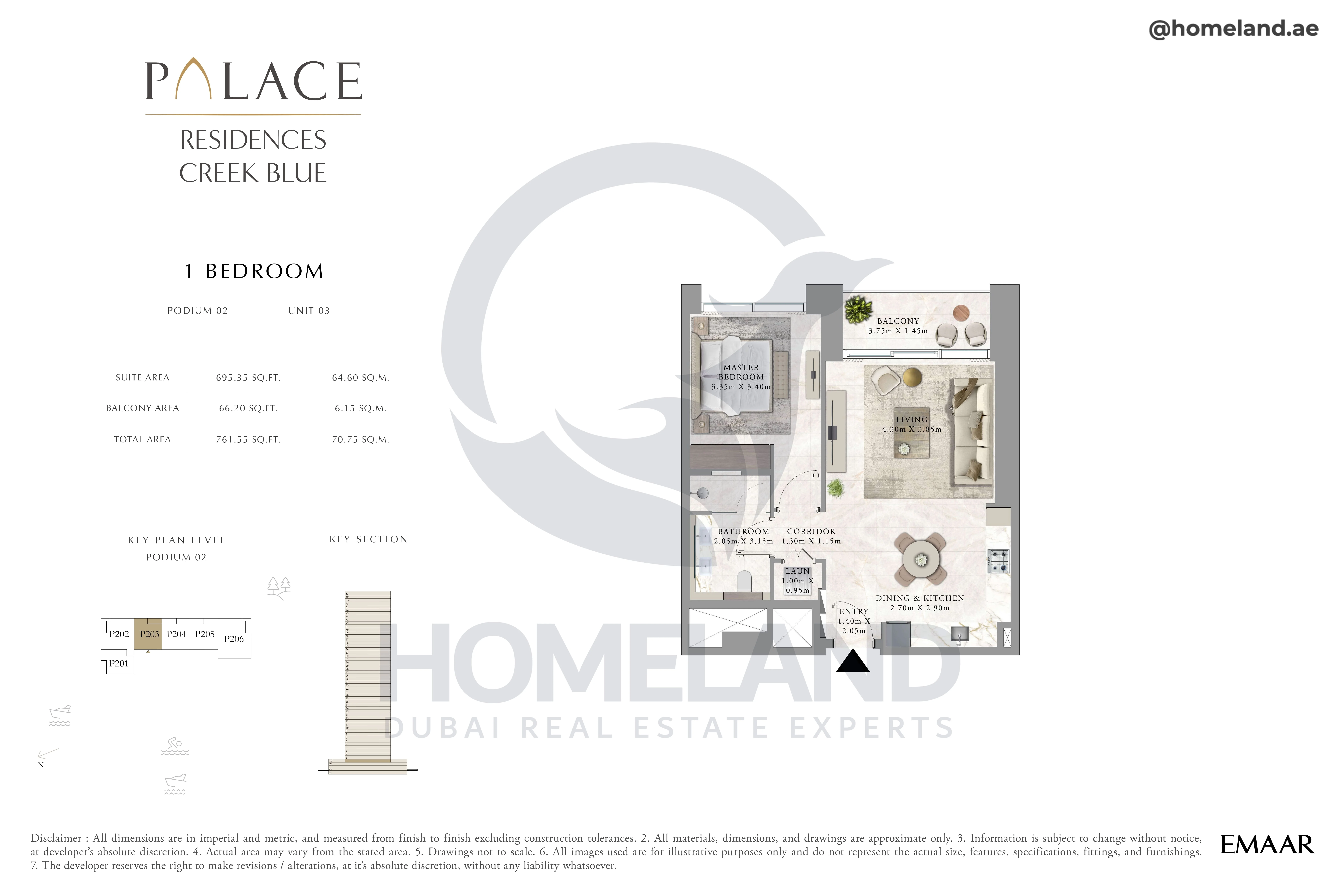 Palace Residences Creek Blue, 1BR, Podium 02, Unit 03, 761 SQFT