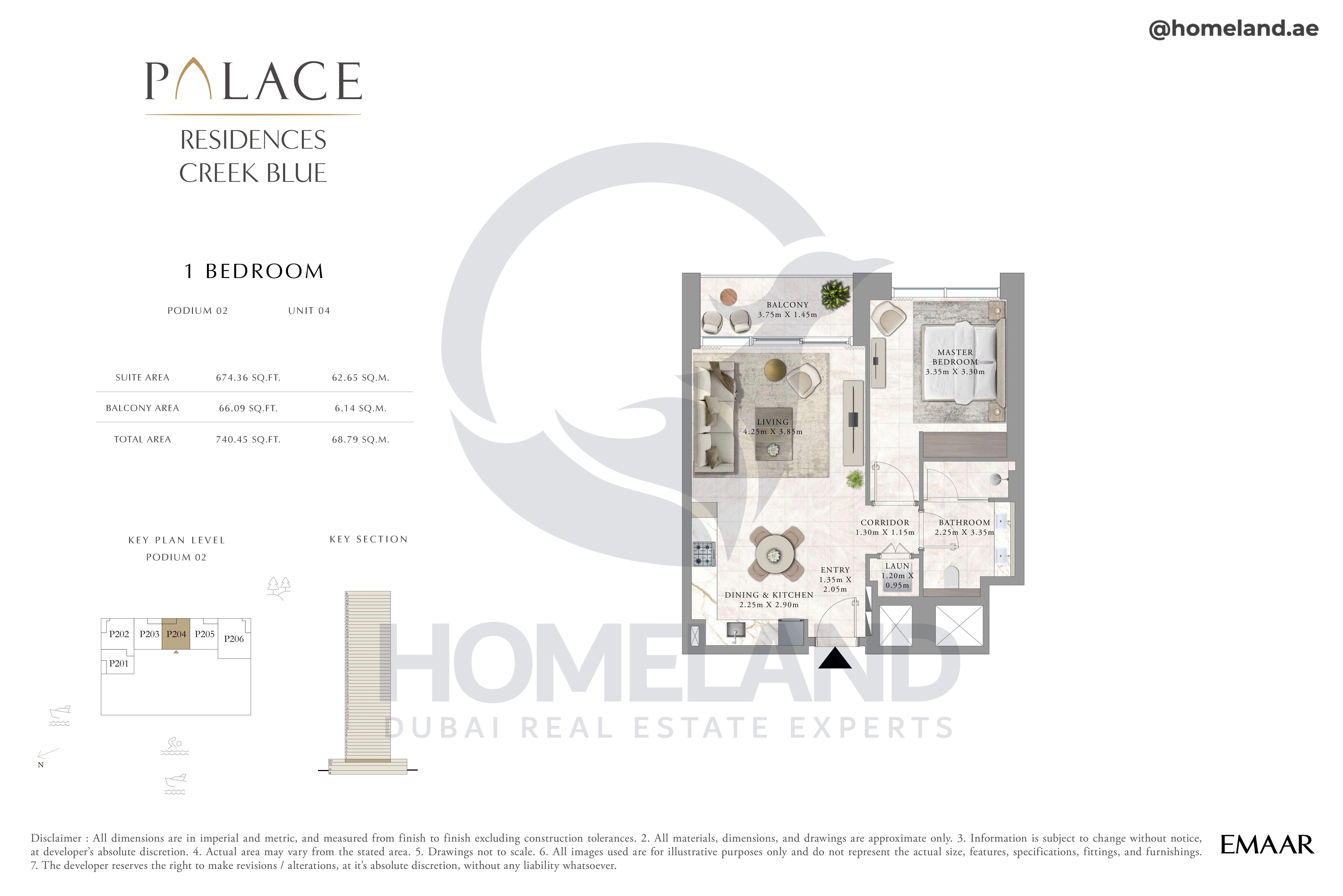 Palace Residences Creek Blue, 1BR, Podium 02, Unit 04, 740 SQFT