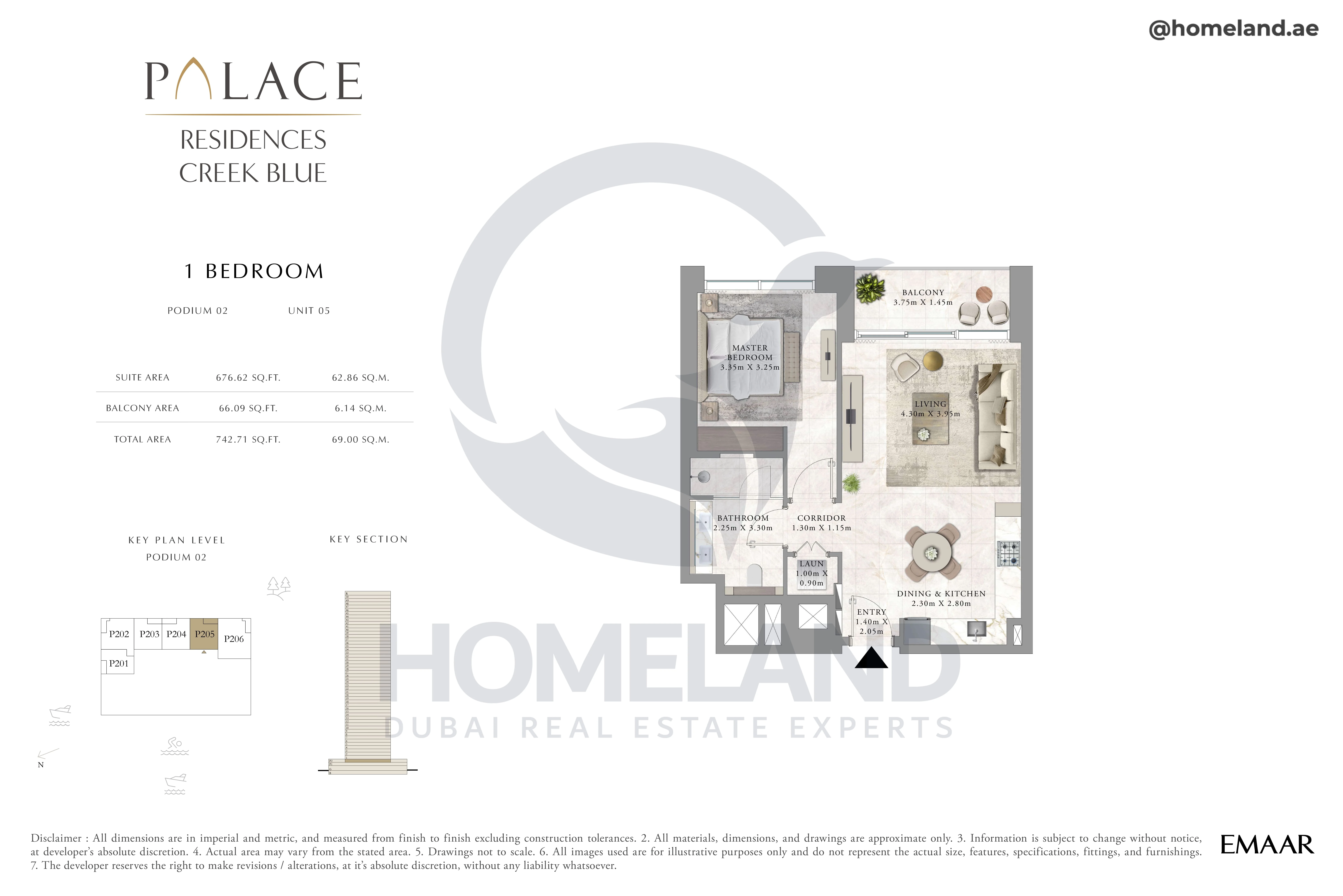 Palace Residences Creek Blue, 1BR, Podium 02, Unit 05, 742 SQFT