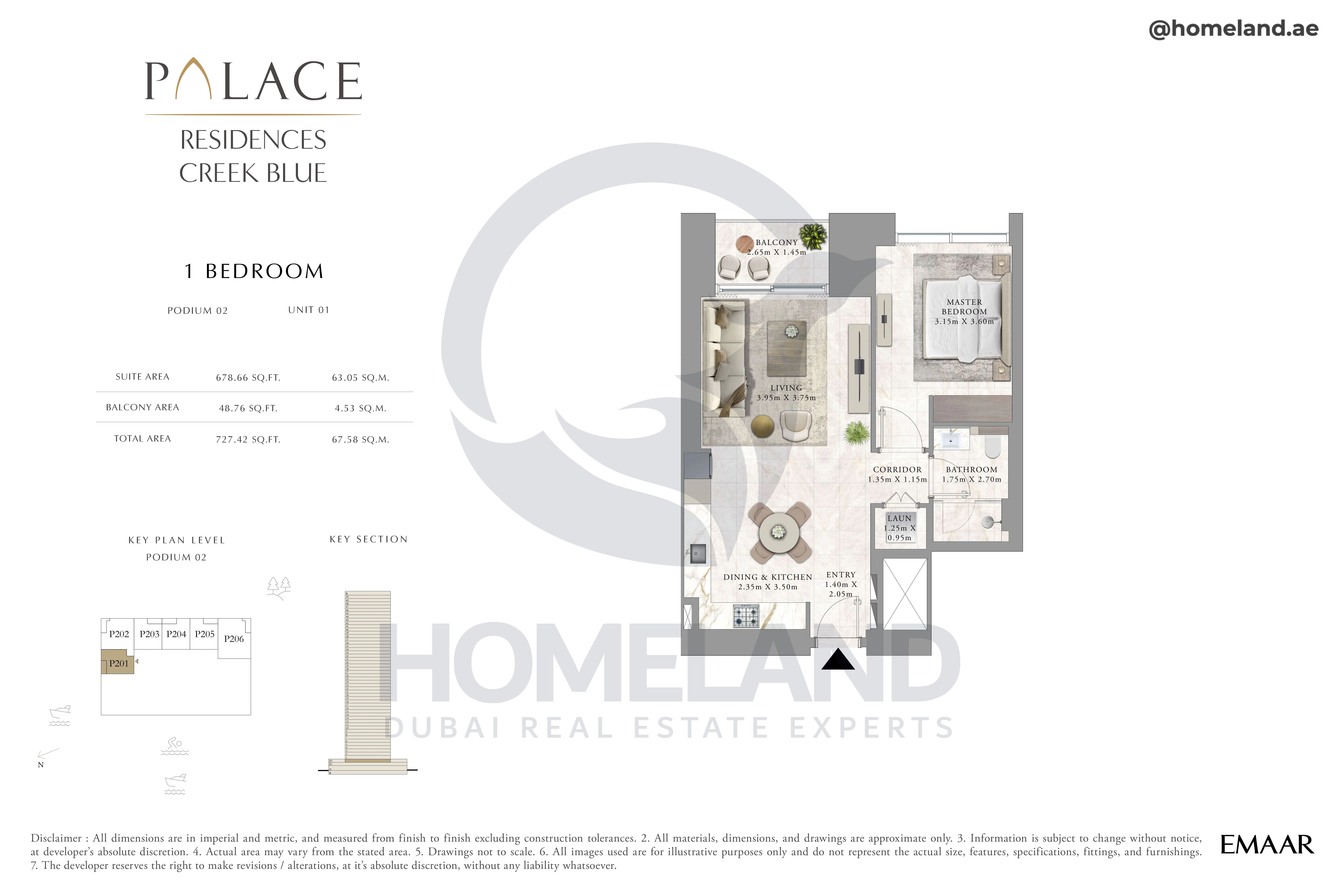 Palace Residences Creek Blue, 1BR, Podium 02, Unit 01, 727 SQFT