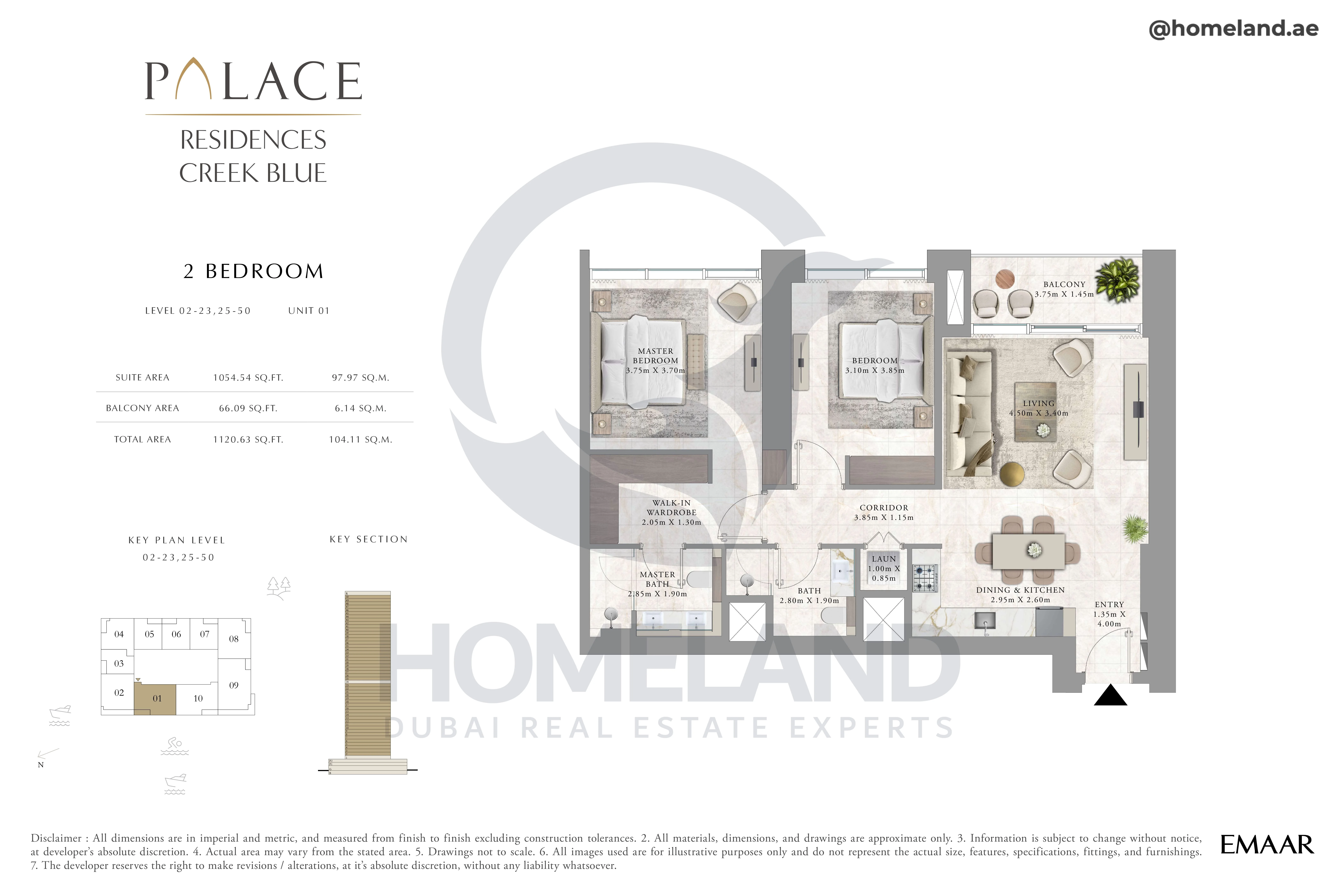 Palace Residences Creek Blue, 2BR, Level 02 to 23-25 to 50, Unit 01, 1120 SQFT