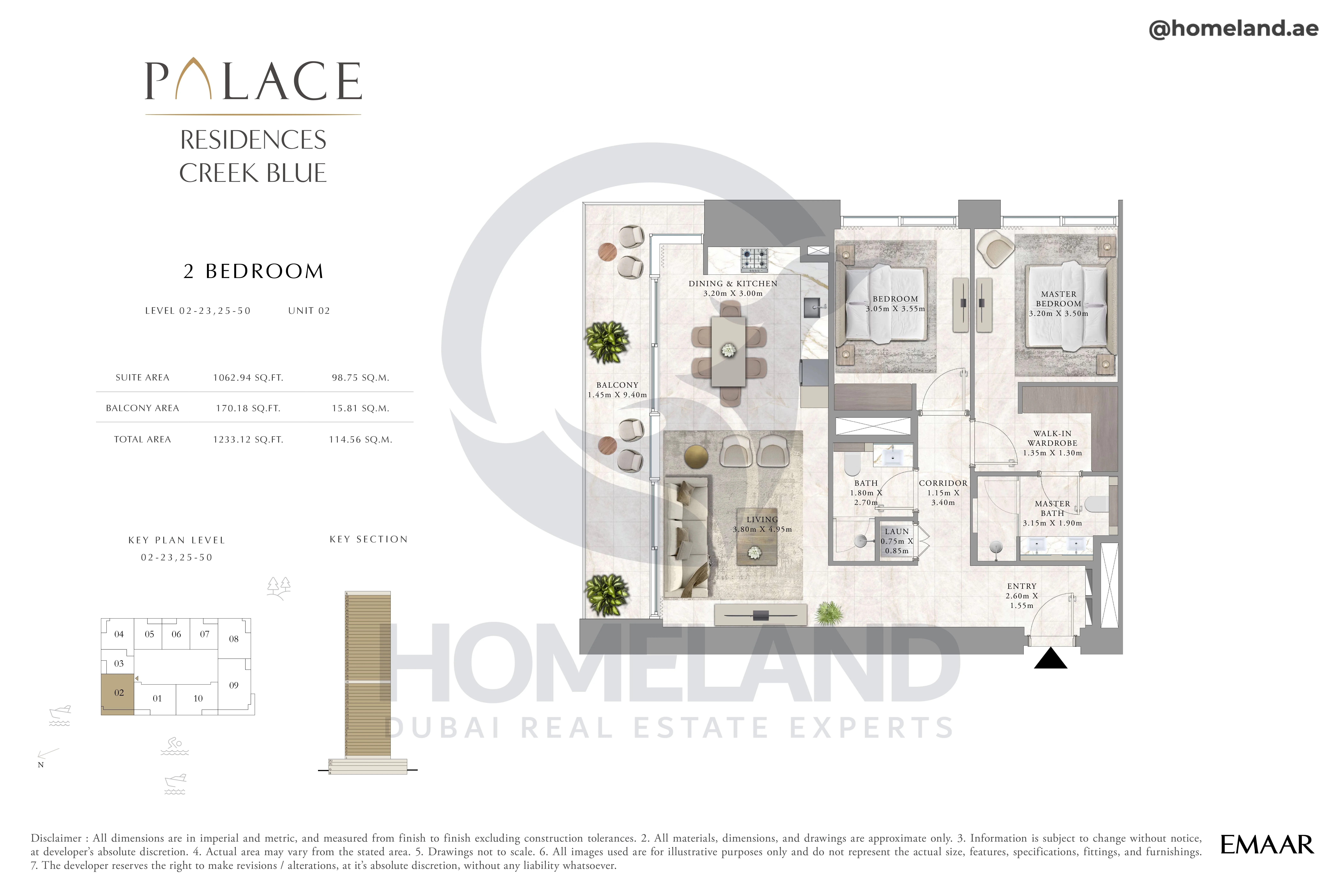 Palace Residences Creek Blue, 2BR, Level 02 to 23-25 to 50, Unit 02, 1233 SQFT