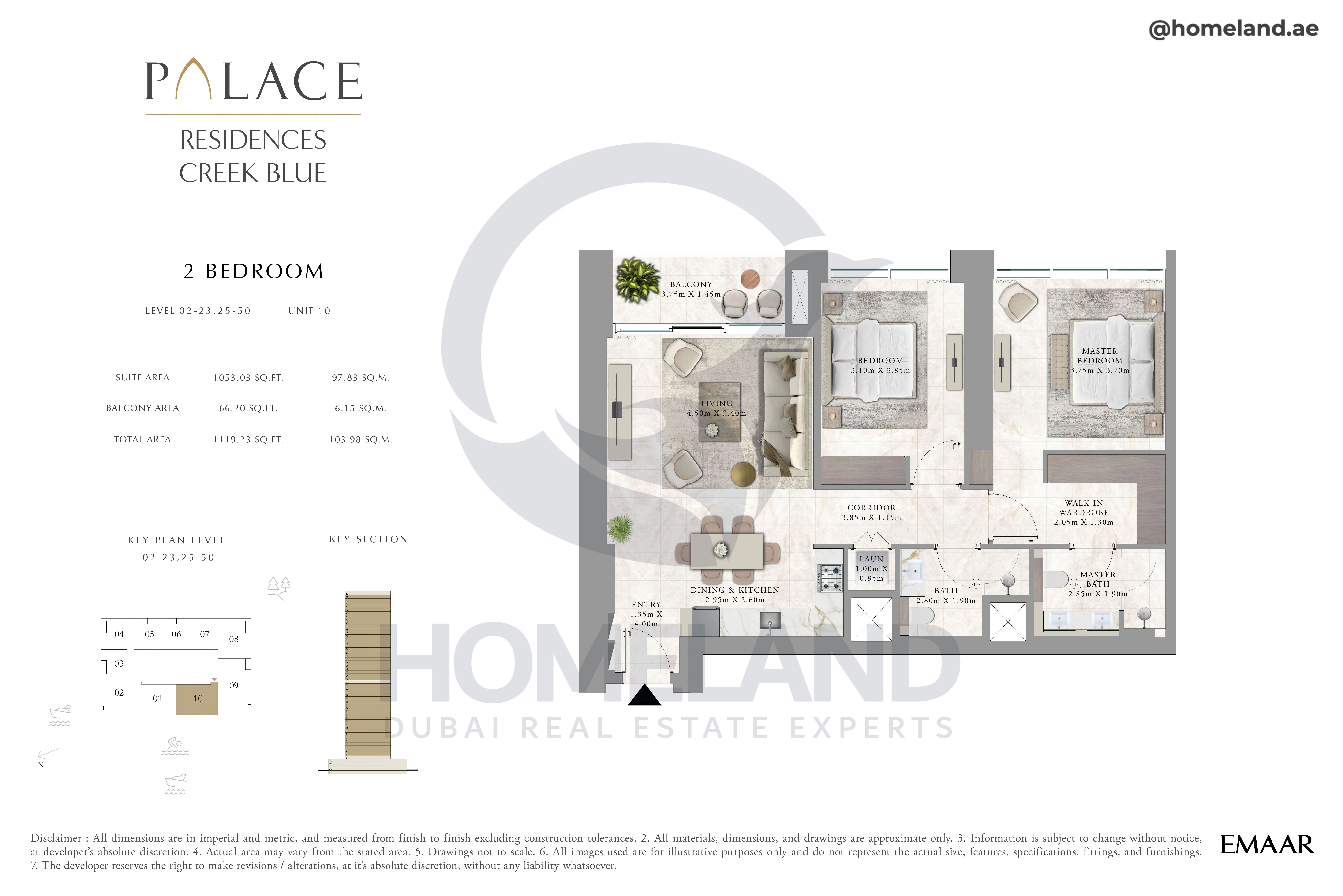 Palace Residences Creek Blue, 2BR, Level 02 to 23-25 to 50, Unit 10, 1119 SQFT