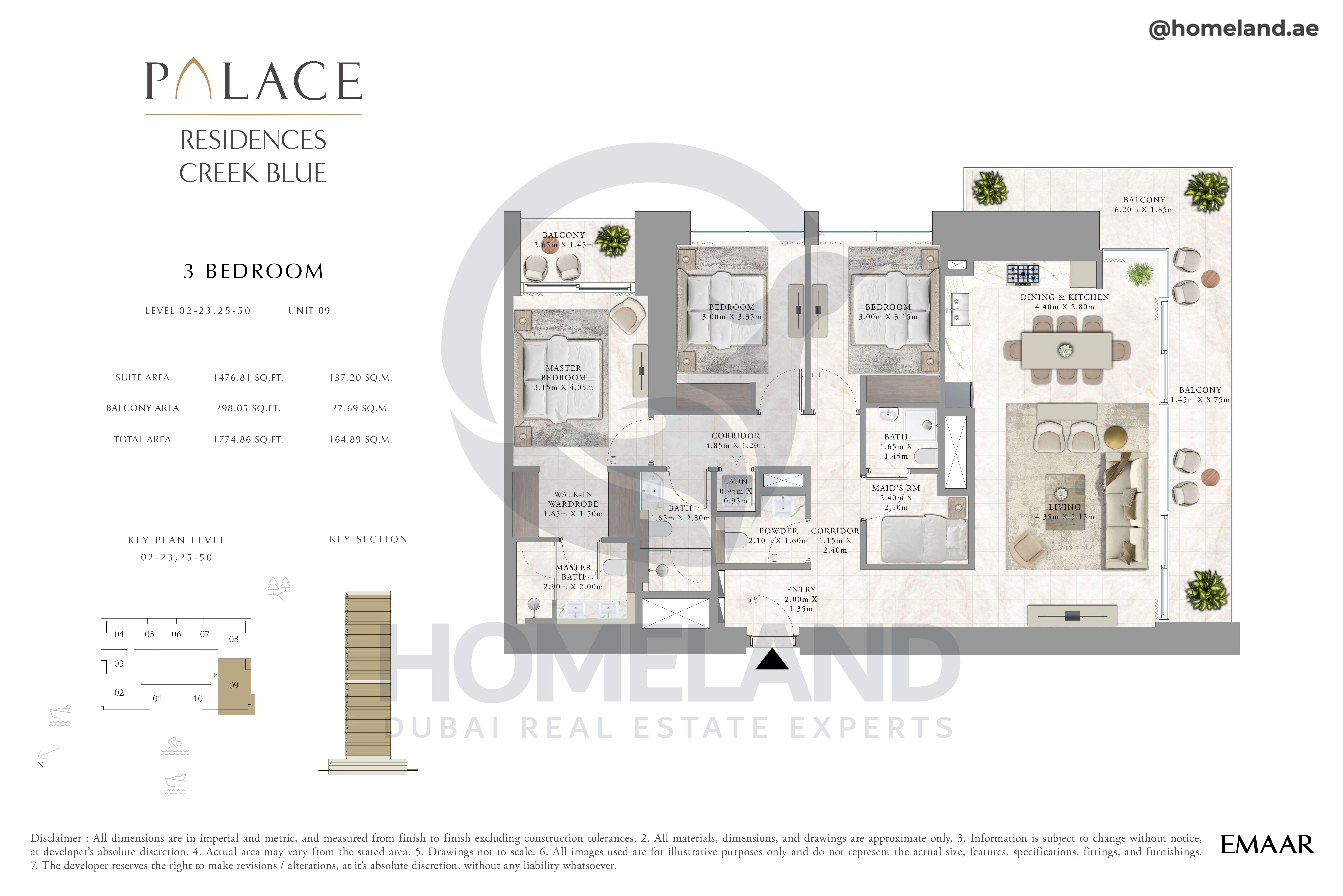 Palace Residences Creek Blue, 3BR, Level 02 to 23-25 to 50, Unit 09, 1774 SQFT