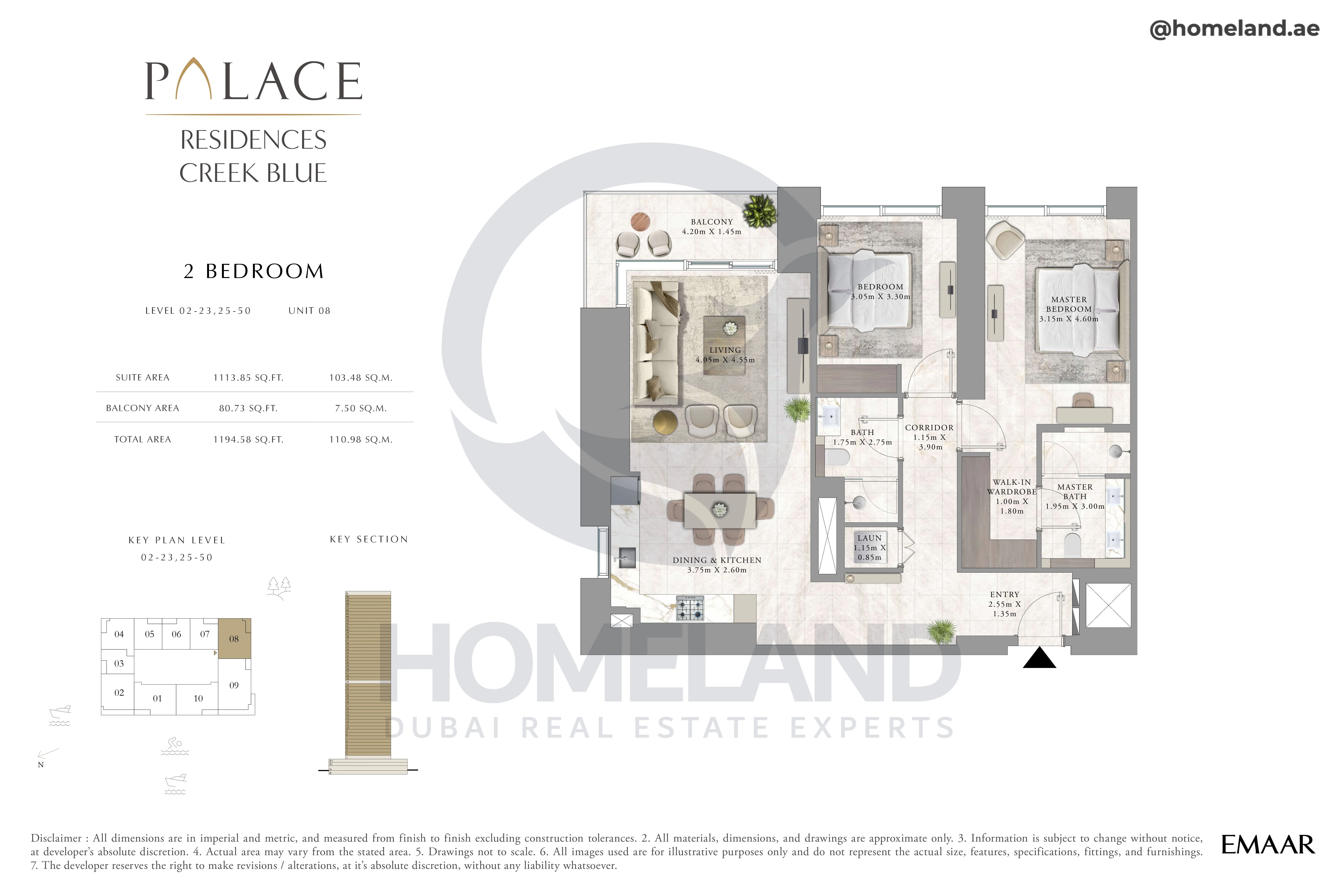 Palace Residences Creek Blue, 2BR, Level 02 to 23-25 to 50, Unit 08, 1194 SQFT