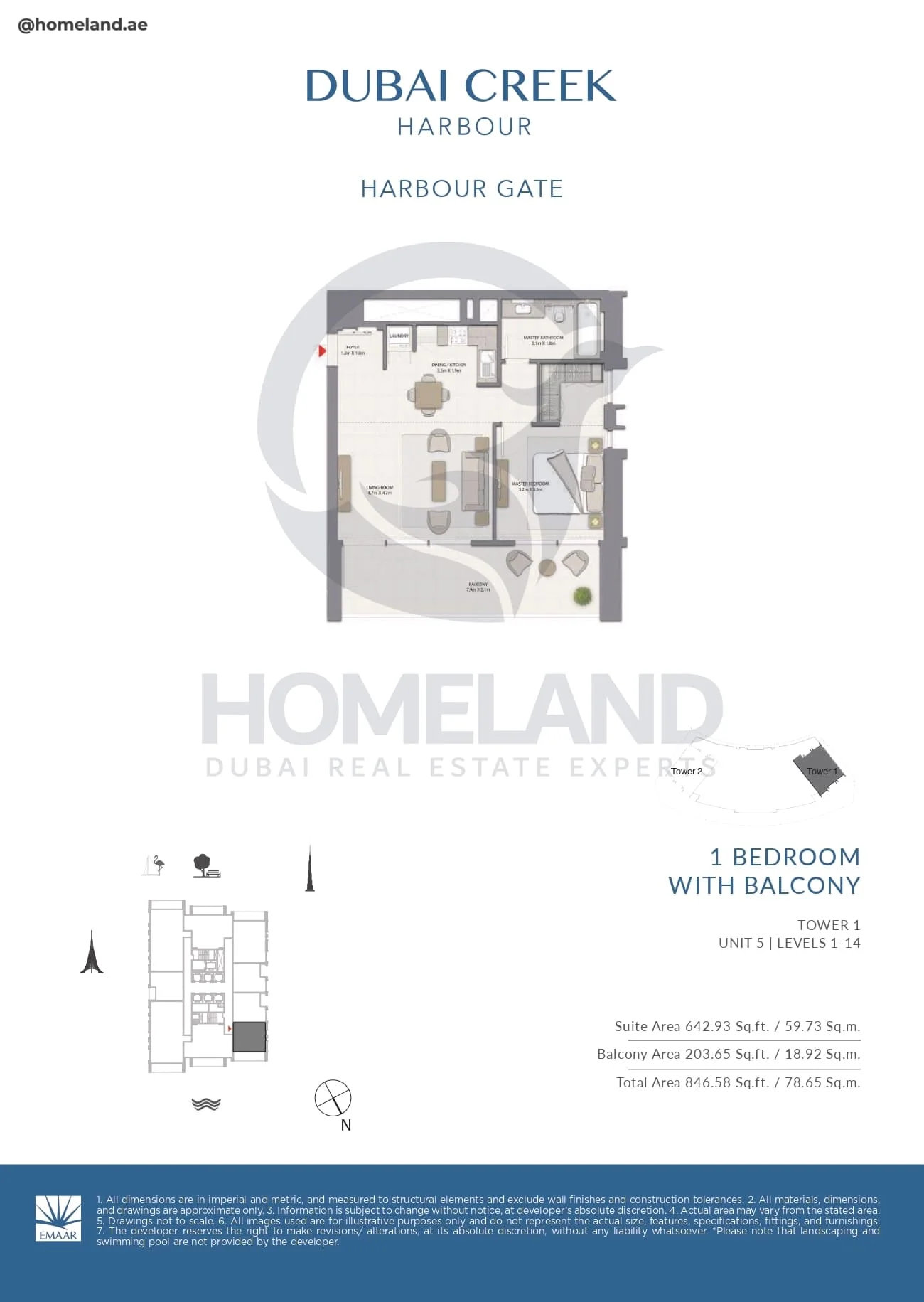 Harbour Gate, Tower 1, 1BR, Unit 5, Level 1 to 14, 846 SQFT