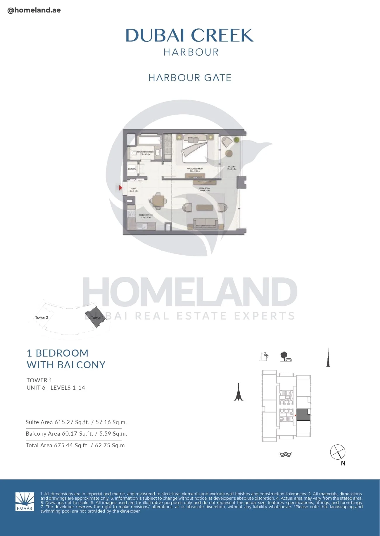 Harbour Gate, Tower 1, 1BR, Unit 6, Level 1 to 14, 675 SQFT