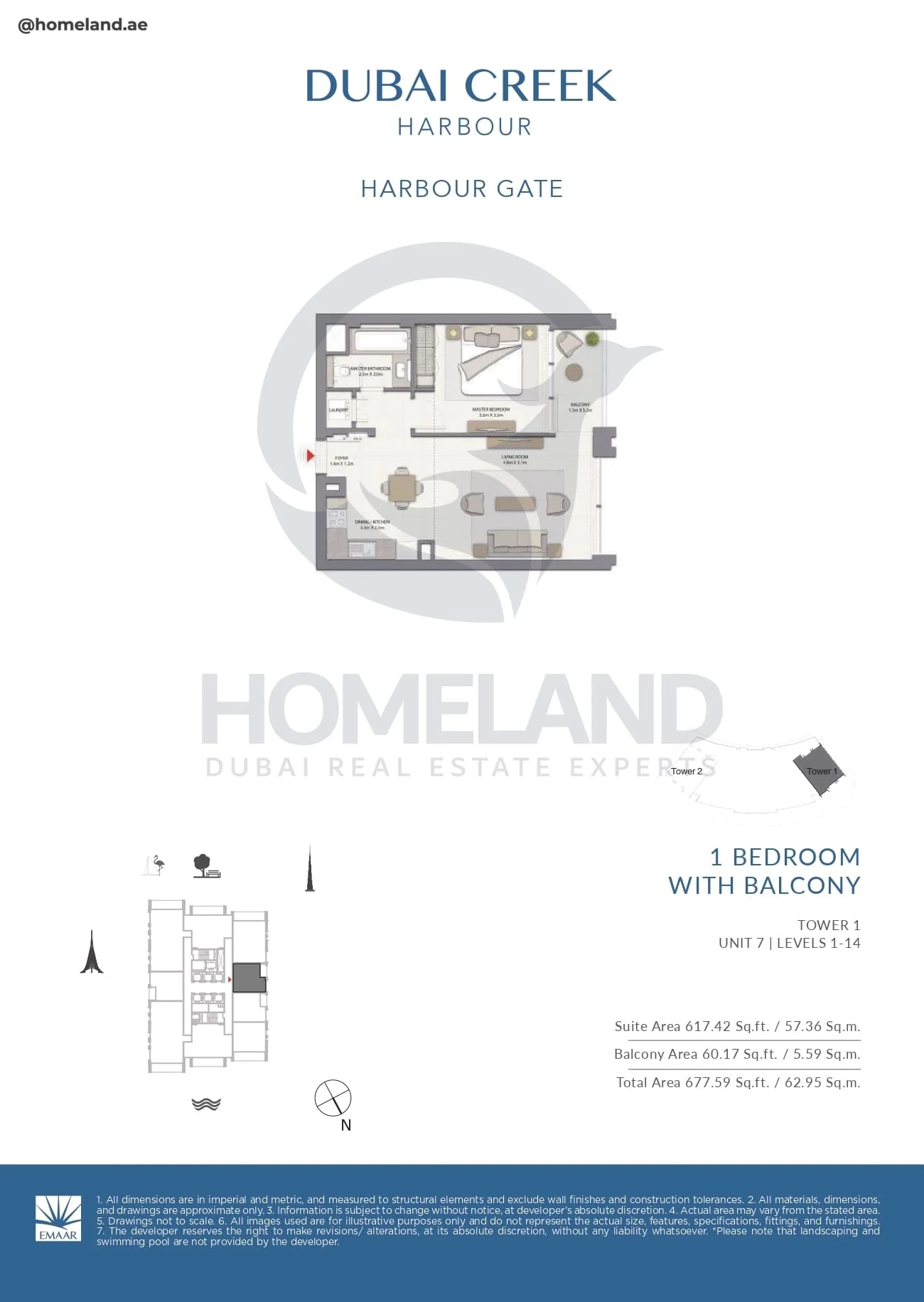 Harbour Gate, Tower 1, 1BR, Unit 7, Level 1 to 14, 677 SQFT