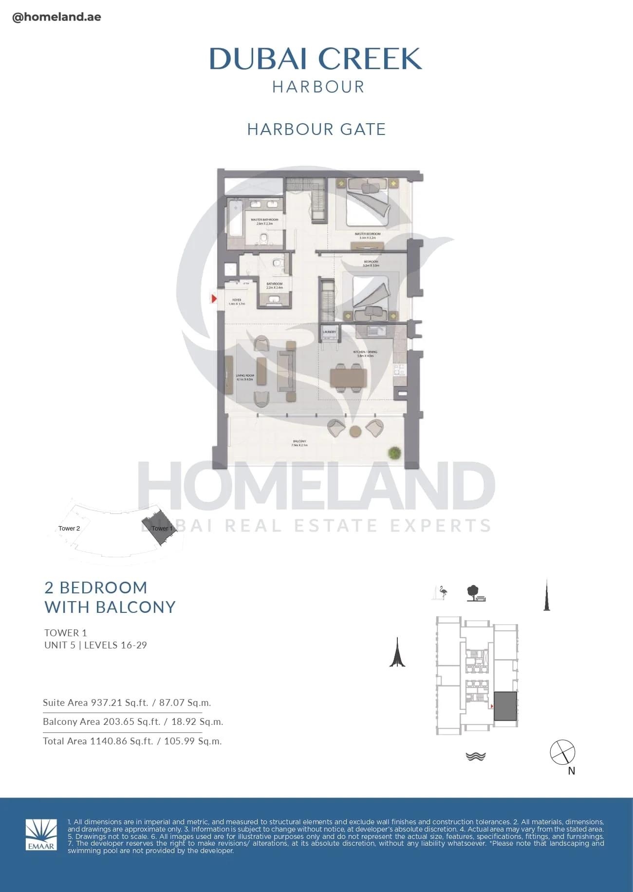 Harbour Gate, Tower 1, 2BR, Unit 5, Level 16 to 29, 1140 SQFT