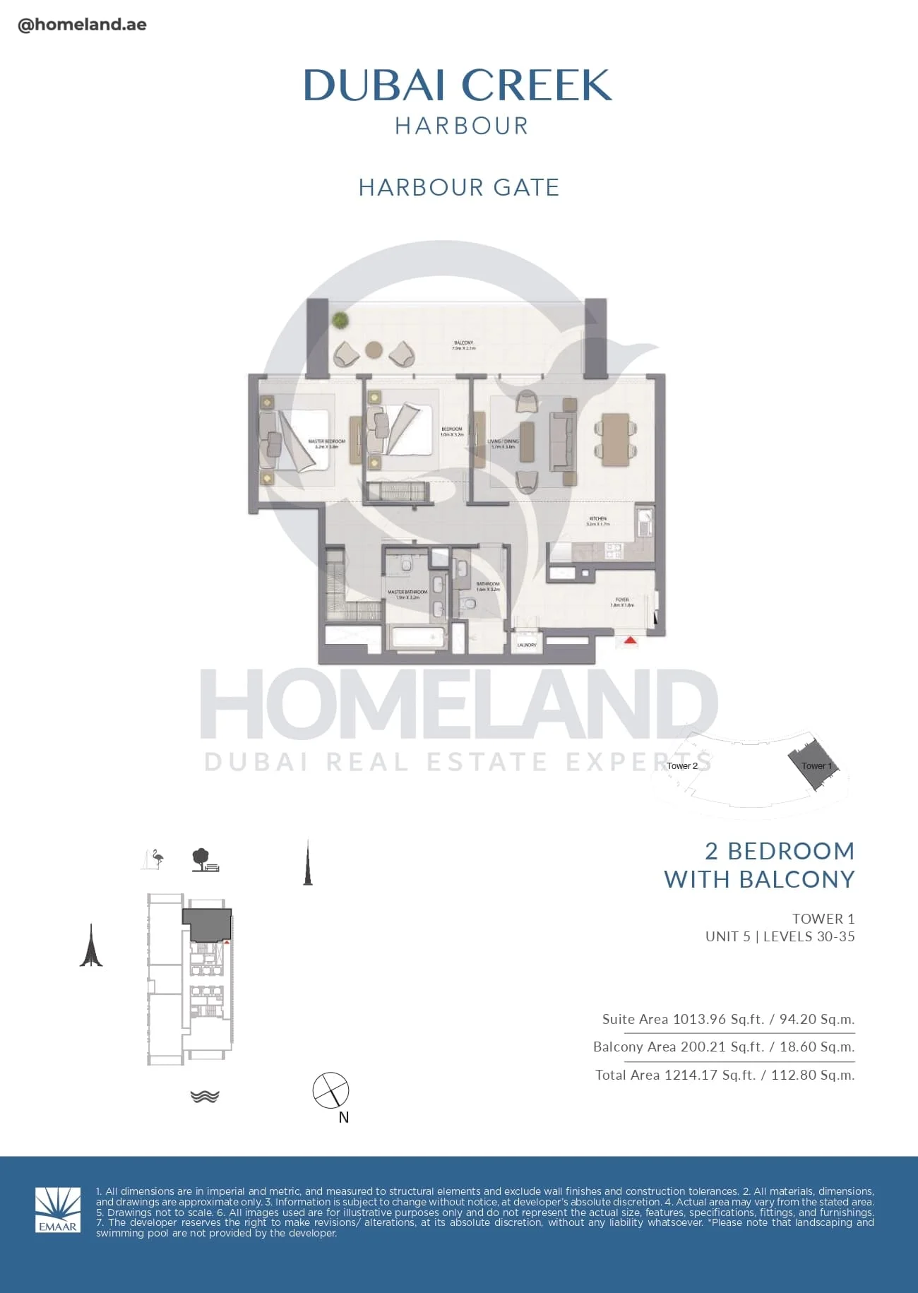 Harbour Gate, Tower 1, 2BR, Unit 5, Level 30 to 35, 1214 SQFT