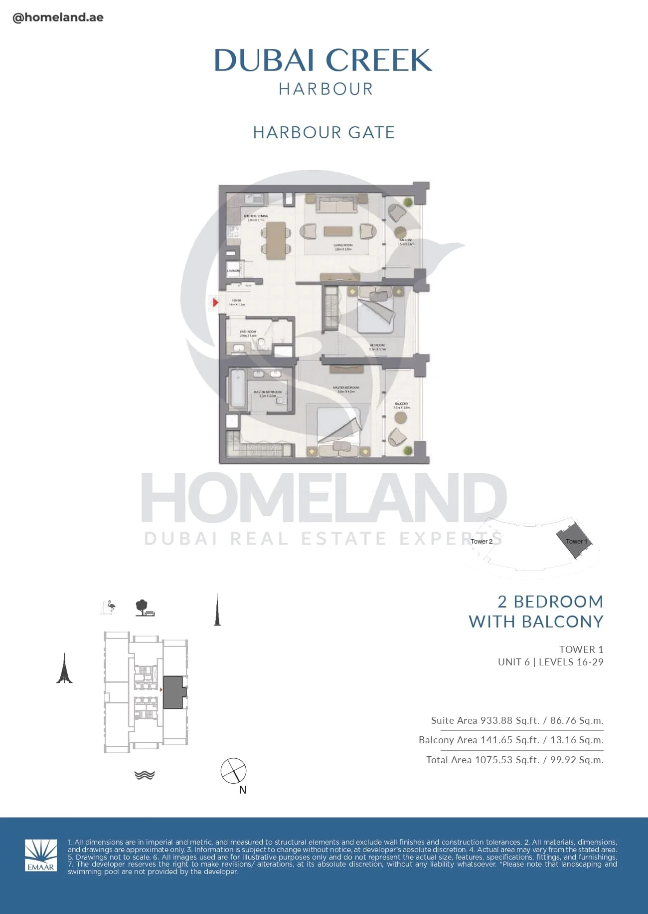 Harbour Gate, Tower 1, 2BR, Unit 6, Level 16 to 29, 1075 SQFT